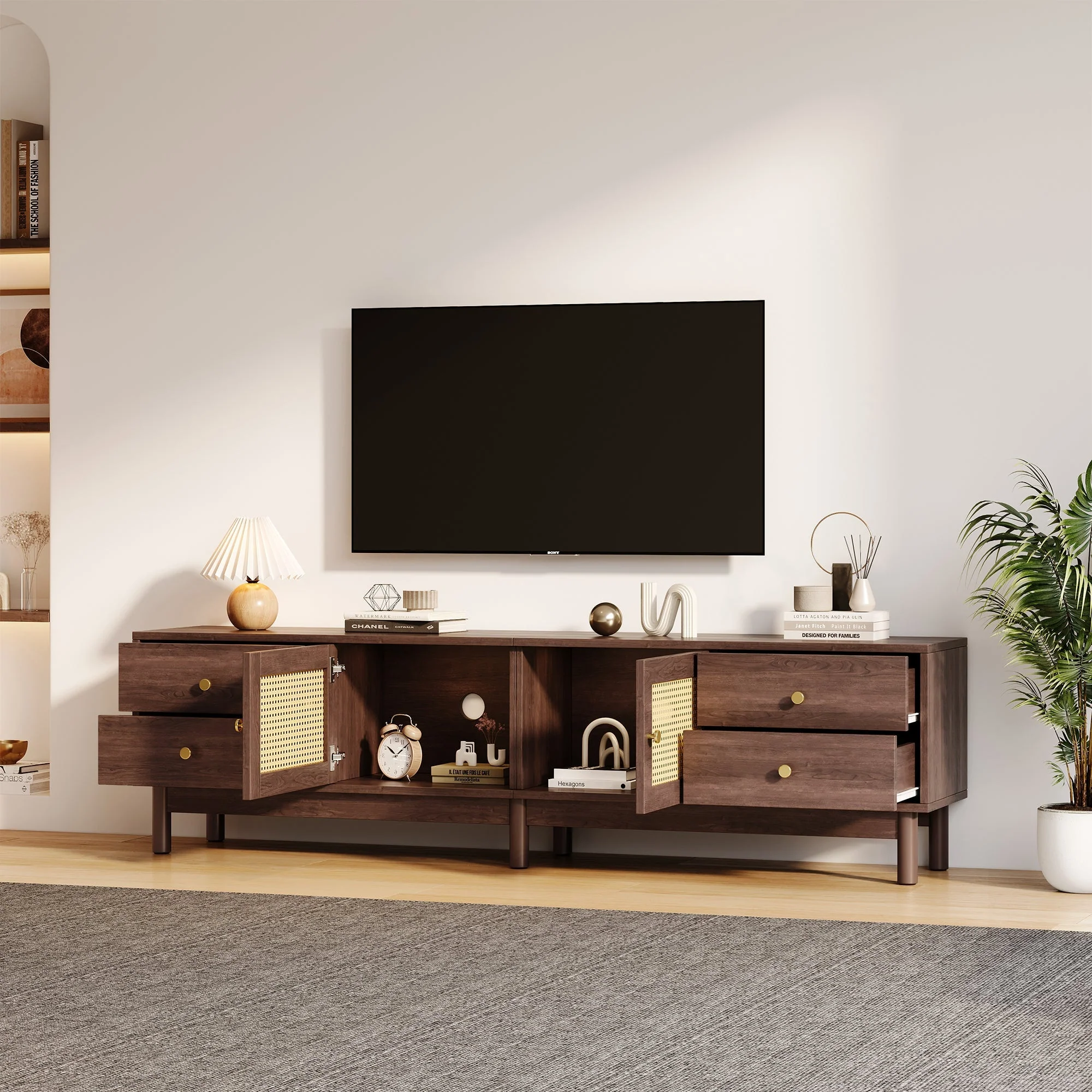 TV Cabinet, 180cm with Rattan Doors, 4 Drawers, Cable Management, Dark Wood - Image 5