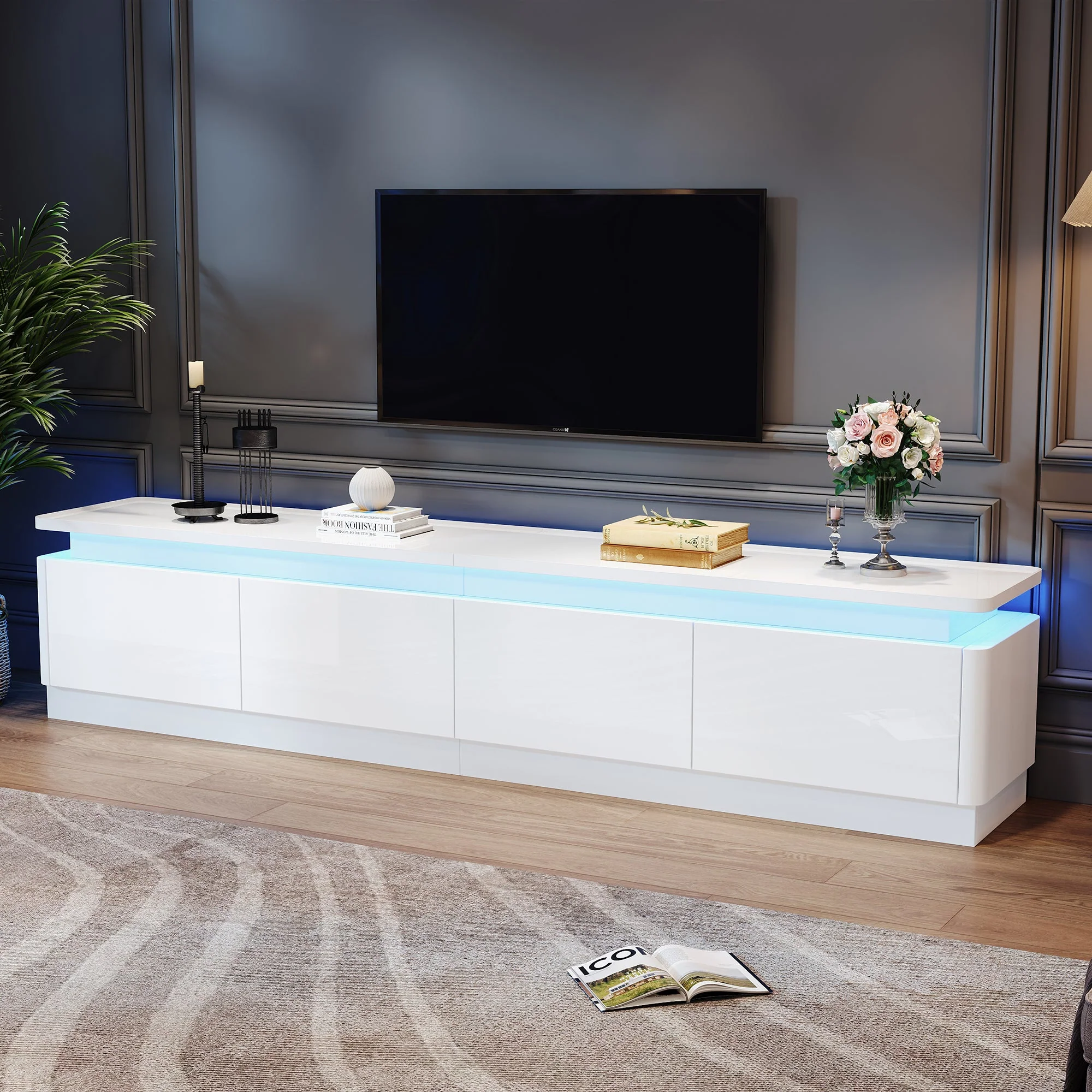 TV Cabinet, 180x34x40cm, 4 Drawers, LED, High-Gloss, for 80-inch TVs, White