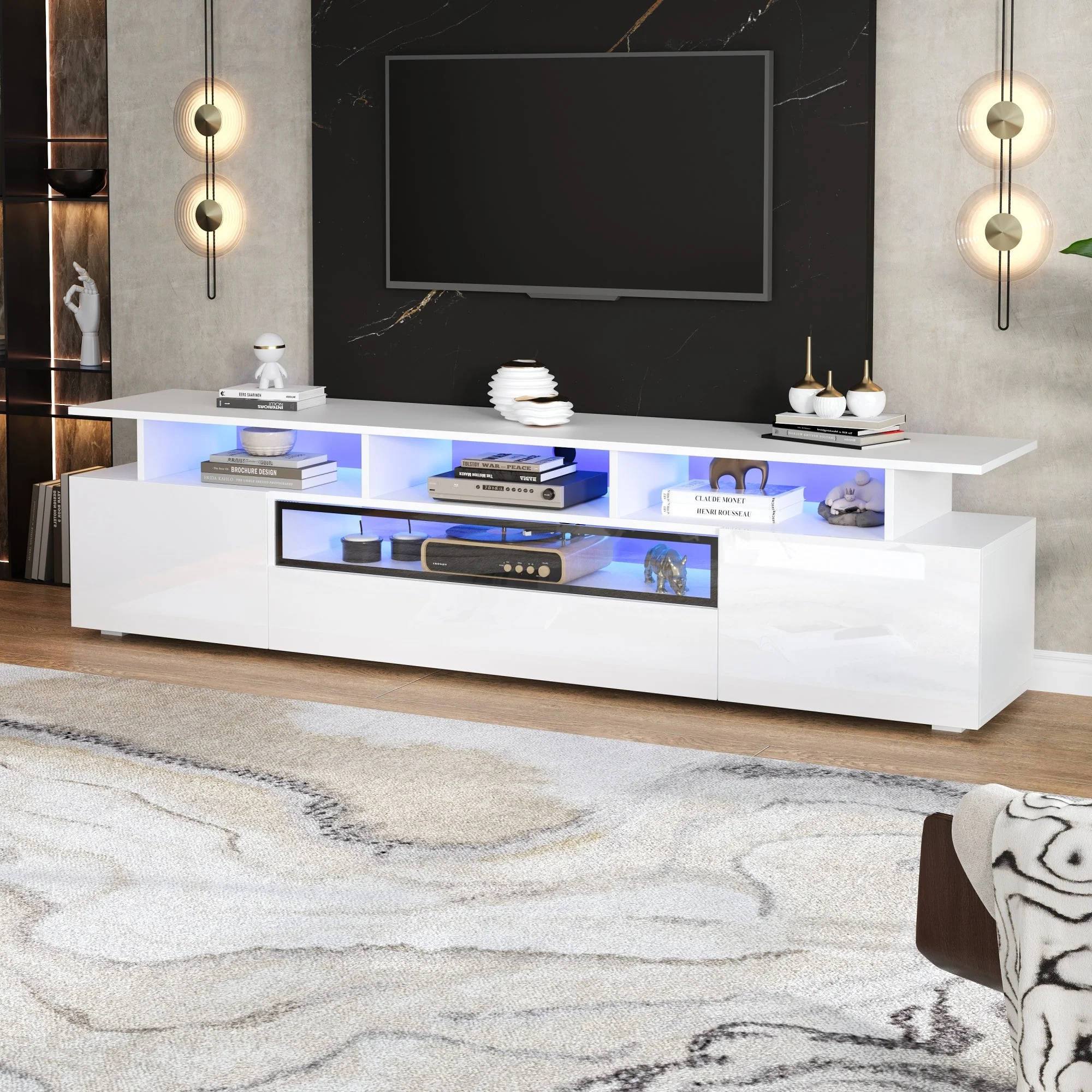 TV Cabinet, 180x38x45cm High-Gloss with 2 Cabinets, 1 Drawer, LED, for 75-inch TVs - Image 3