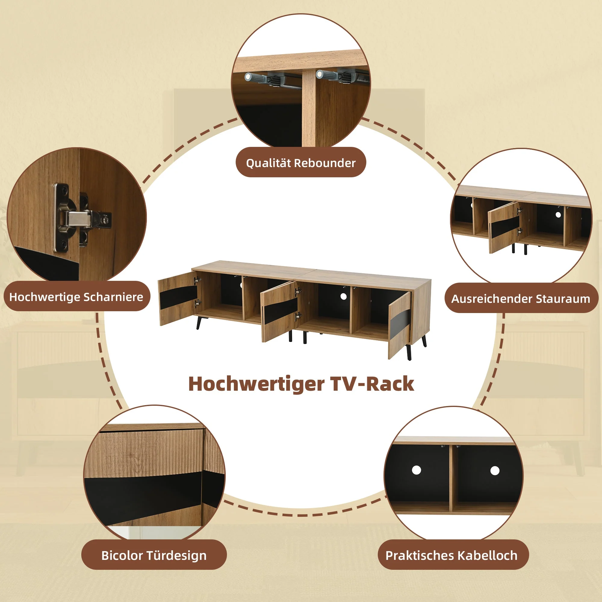 TV Cabinet, 180x40x50cm, 4 Cabinets, Symmetrical Design, Wood & Black - Image 6