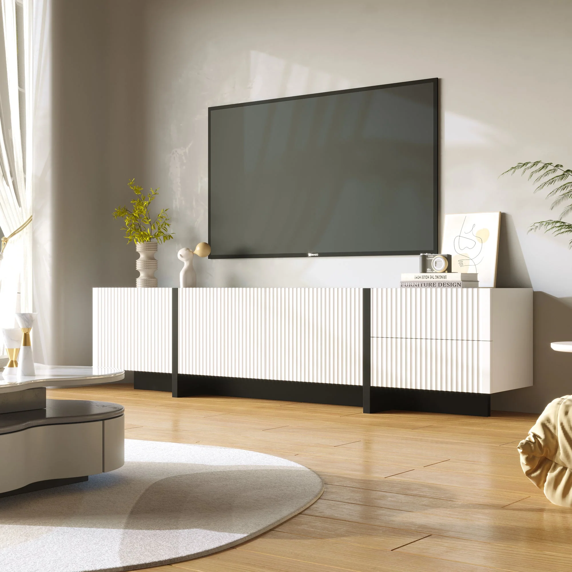 TV Cabinet, 190 cm with 3 Doors & 2 Drawers, White + Black - Image 10
