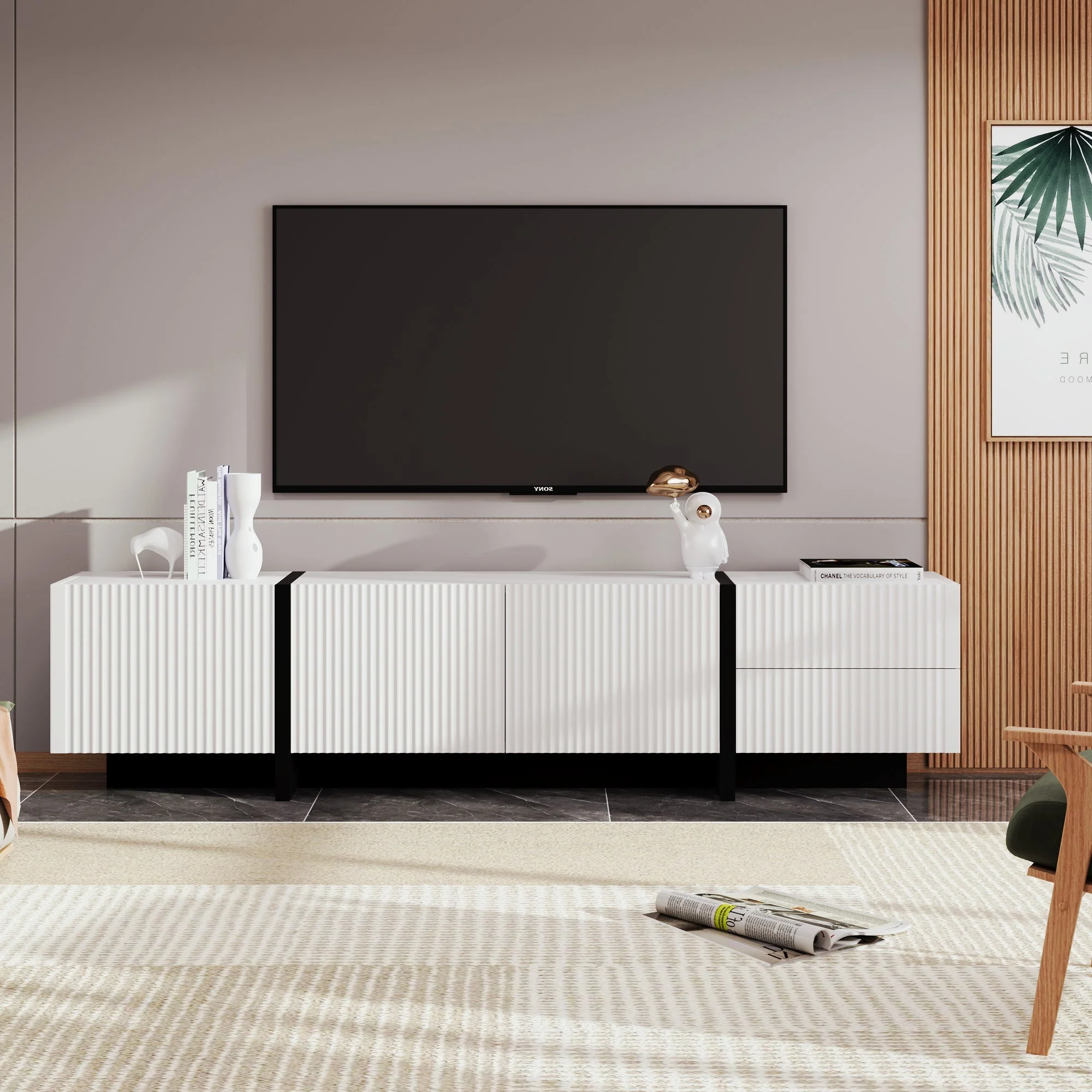 TV Cabinet 190cm 3 Doors 2 Drawers, Black and White - Image 3