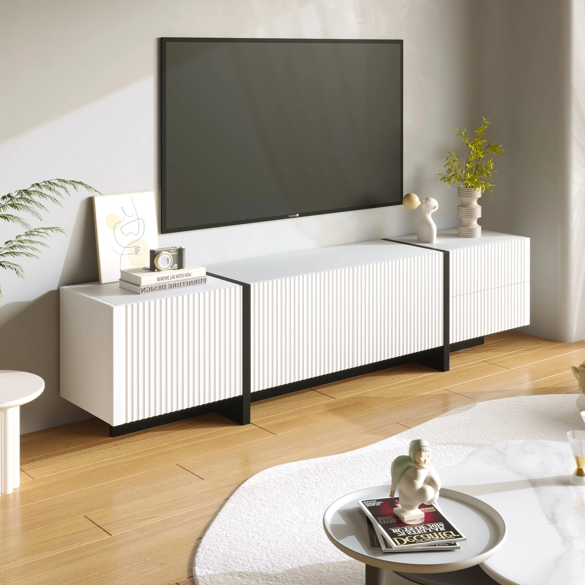 TV Cabinet 190cm 3 Doors 2 Drawers, Black and White - Image 6