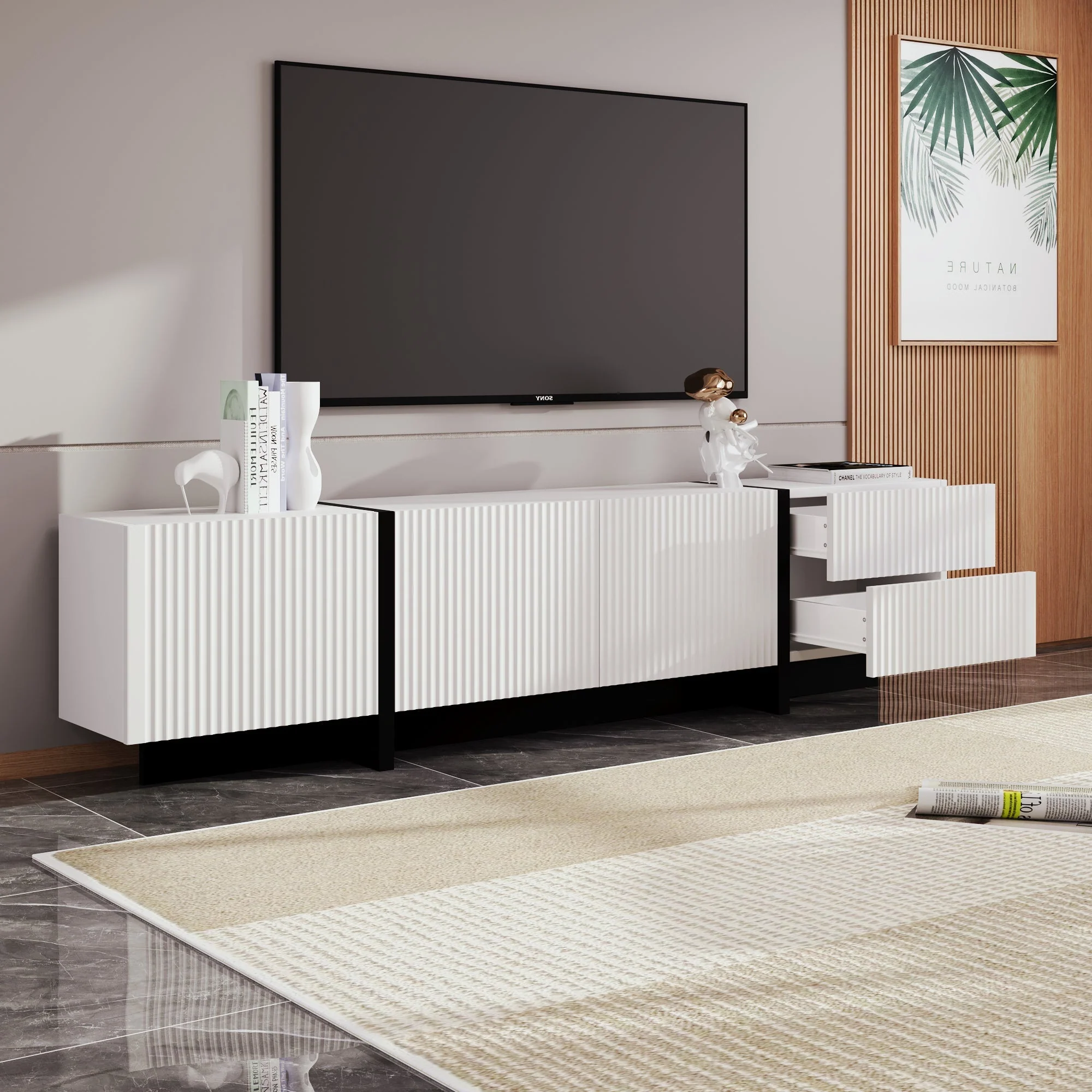 TV Cabinet 190cm 3 Doors 2 Drawers, Black and White - Image 8