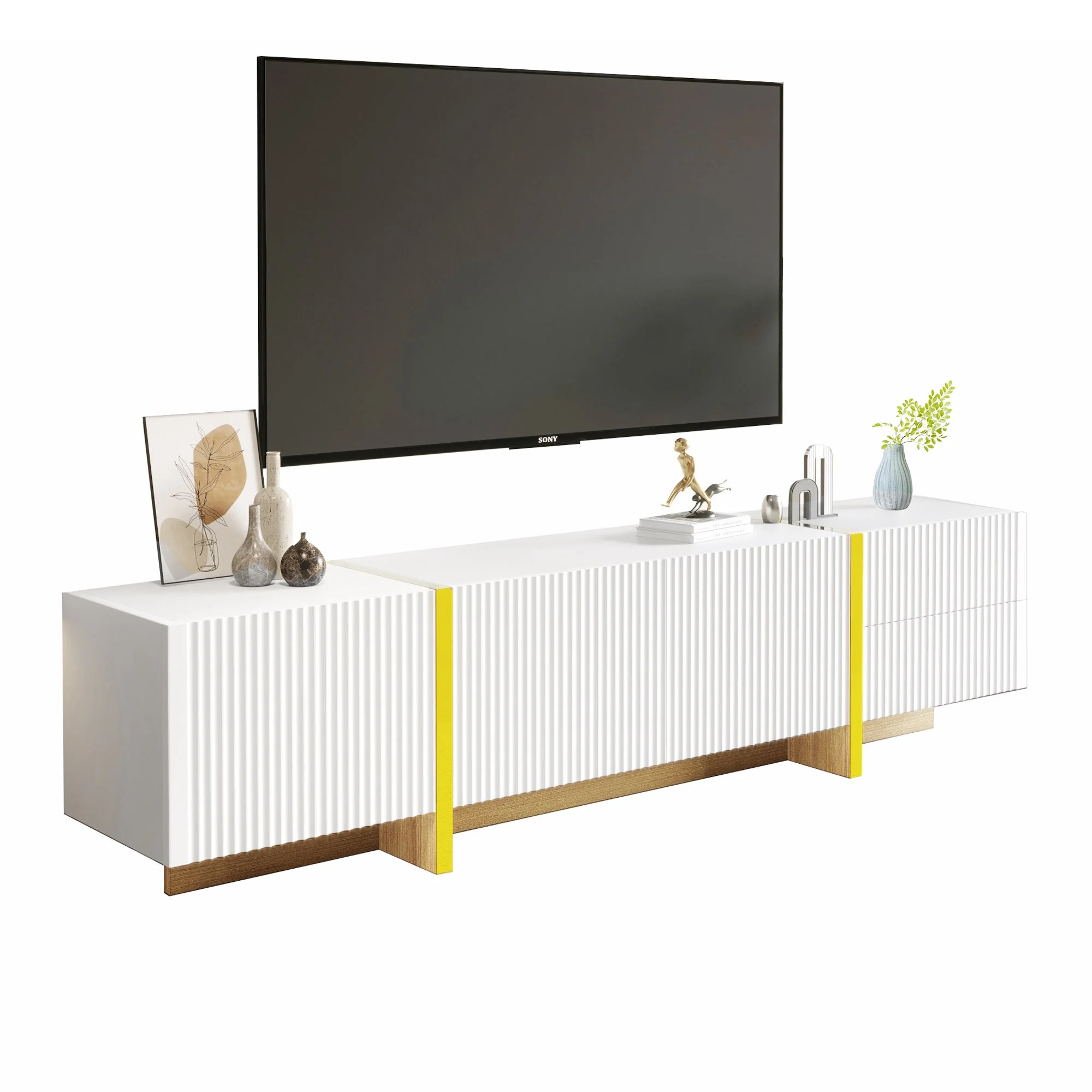 TV Cabinet, 190cm 3 Doors 2 Drawers, White with Gold & Wood Grain - Image 2