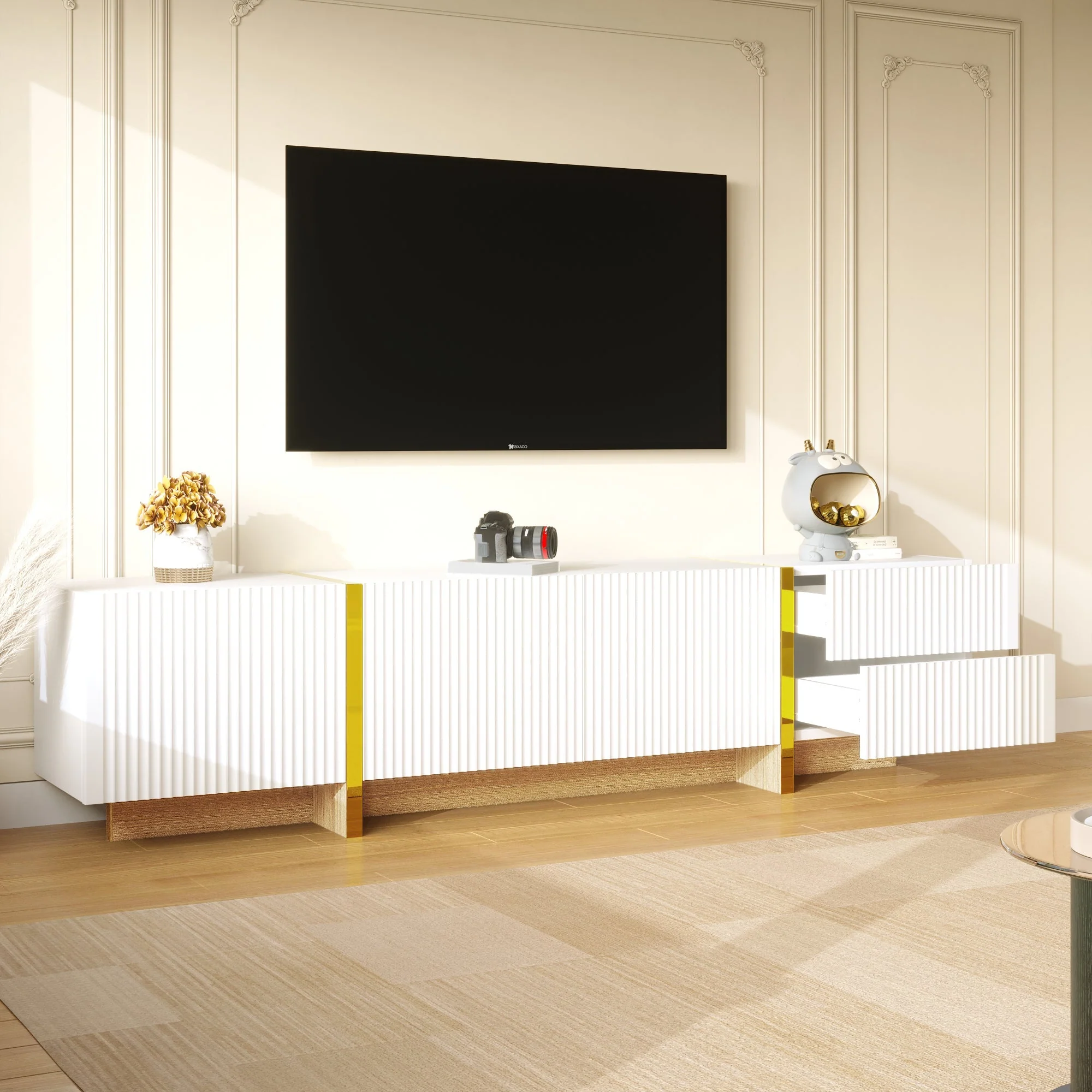 TV Cabinet, 190cm 3 Doors 2 Drawers, White with Gold & Wood Grain - Image 4