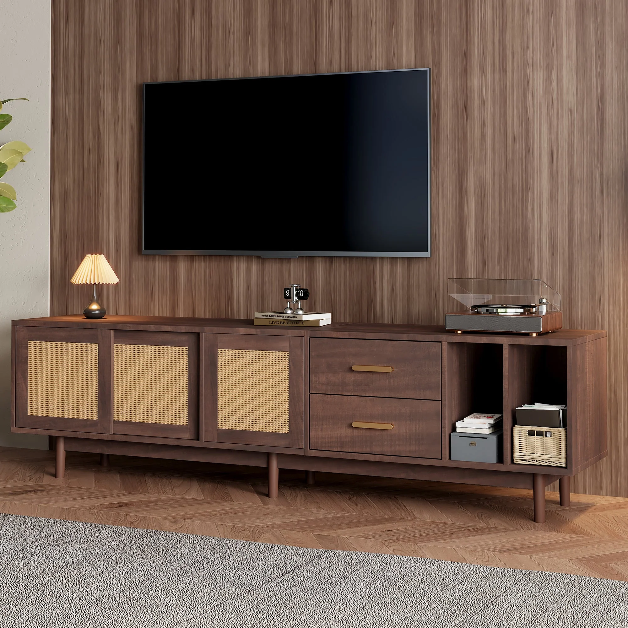 TV Cabinet, 190x40x52cm Lowboard with Drawers, Rattan MDF, Brown - Image 3
