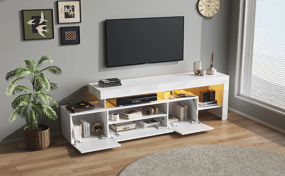 TV Cabinet, 192x37x53cm with 3 Cabinets, LED High-Gloss, White - Image 6