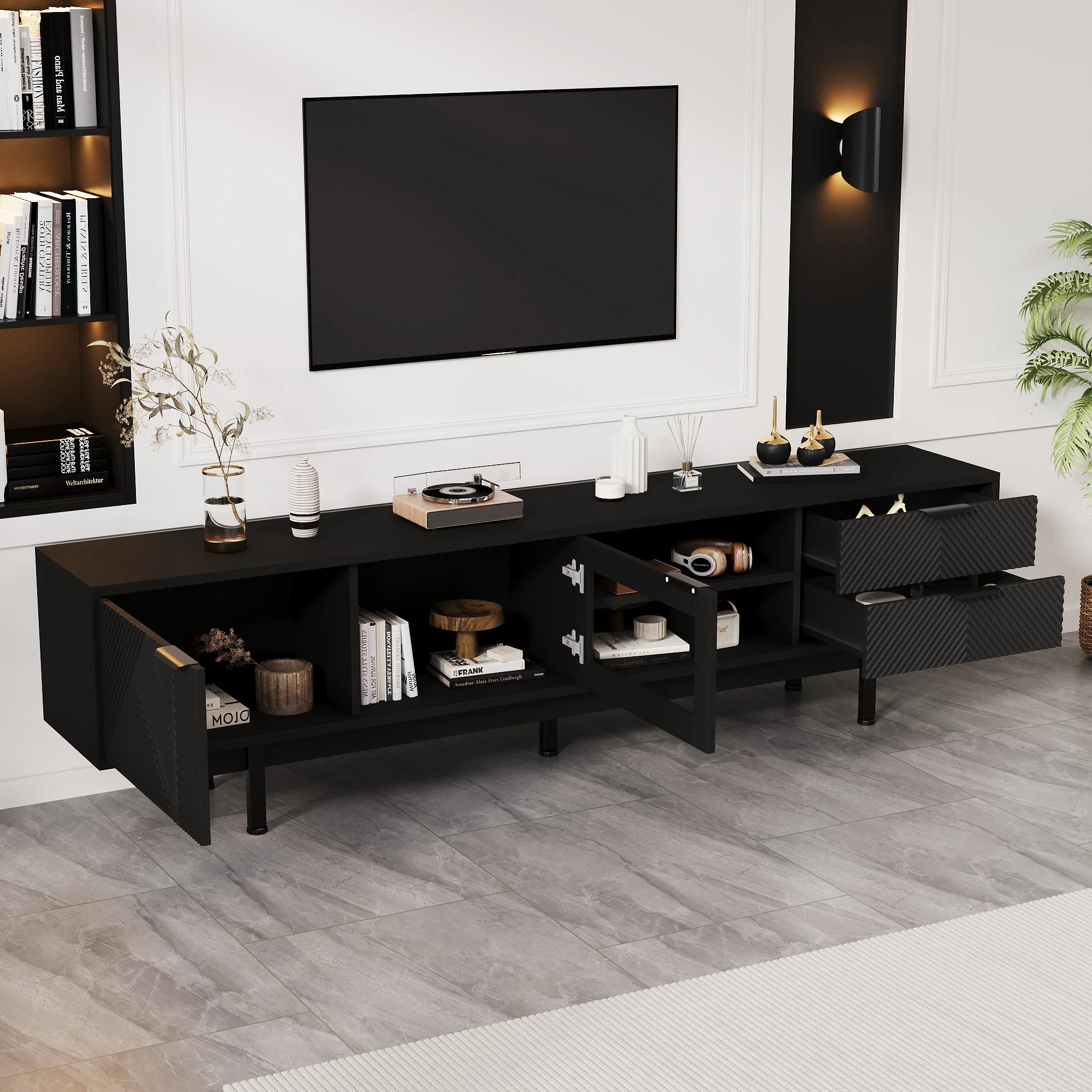 TV Cabinet, 2-Door 2-Drawer Lowboard TV Stand for 80-Inch TVs, Black - Image 2