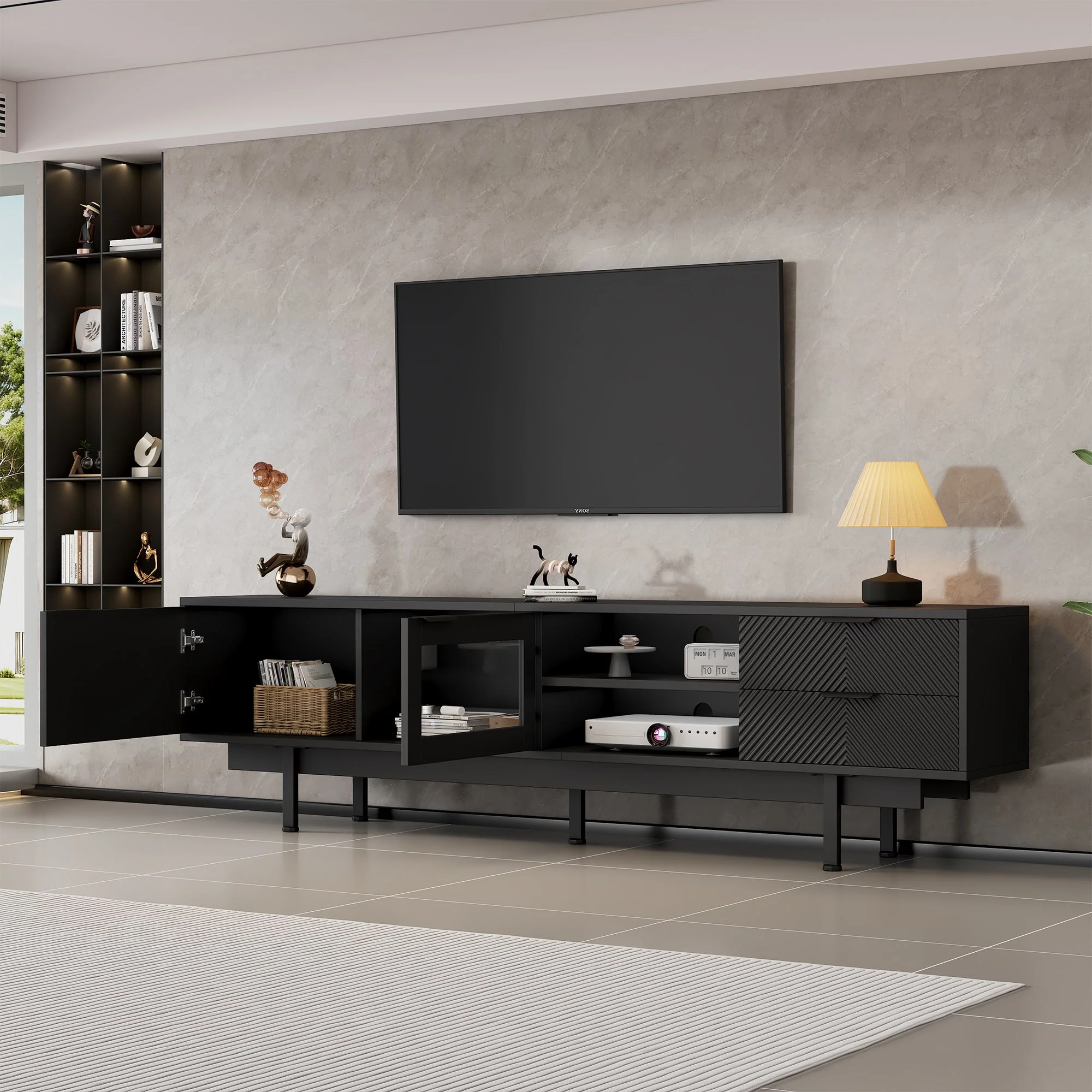 TV Cabinet, 2-Door 2-Drawer Lowboard TV Stand for 80-Inch TVs, Black - Image 4