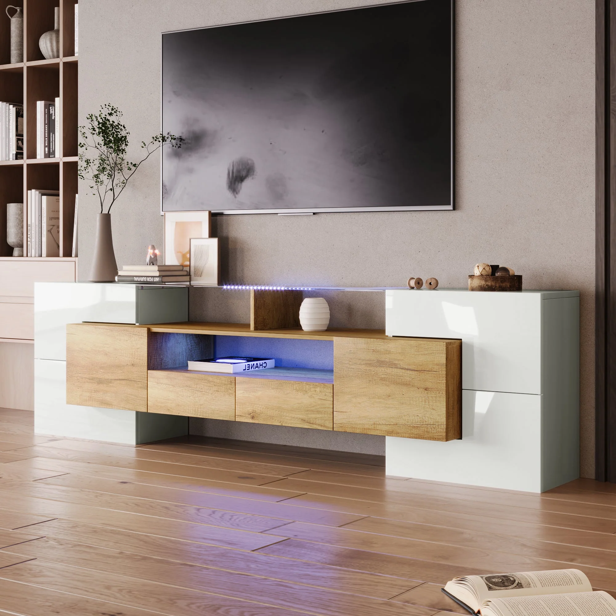 TV Cabinet, 200 cm LED Lighting, High-Gloss White - Image 2