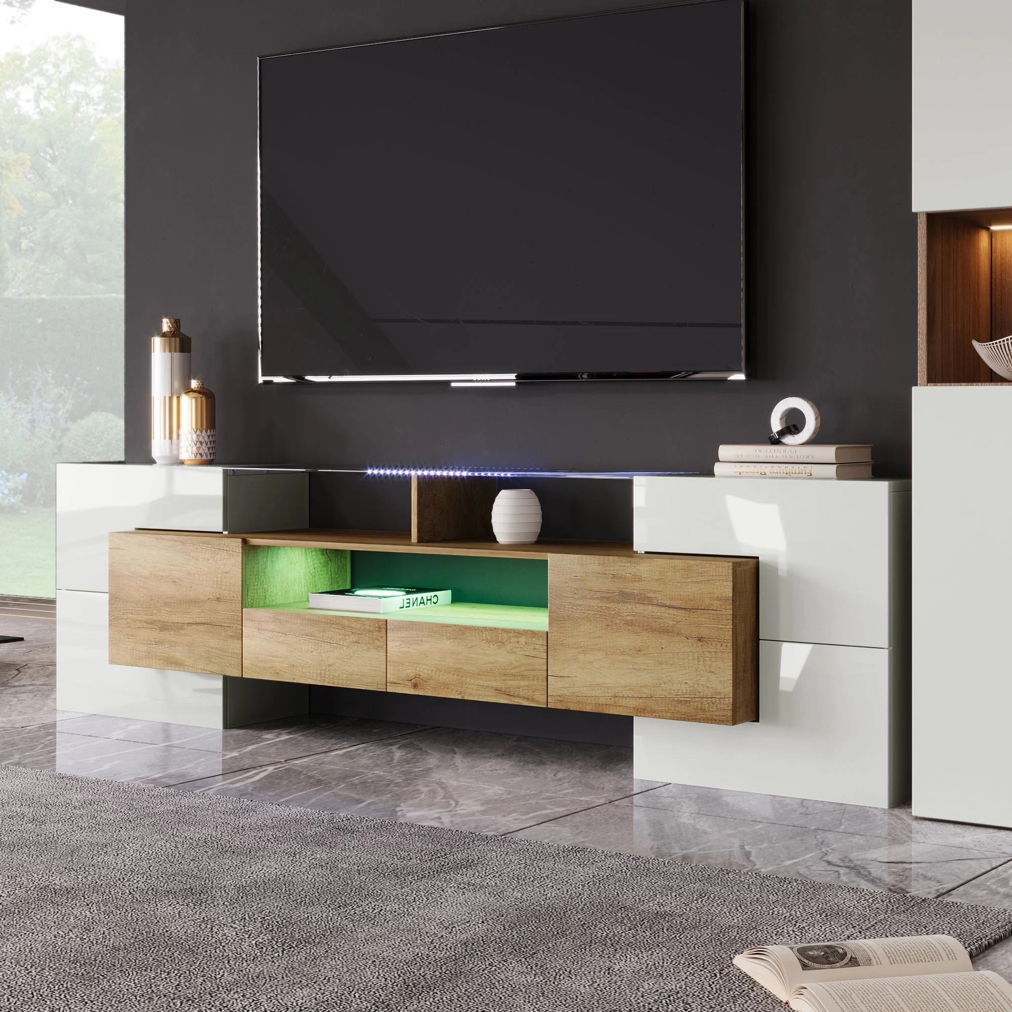 TV Cabinet, 200 cm LED Lighting, High-Gloss White - Image 6