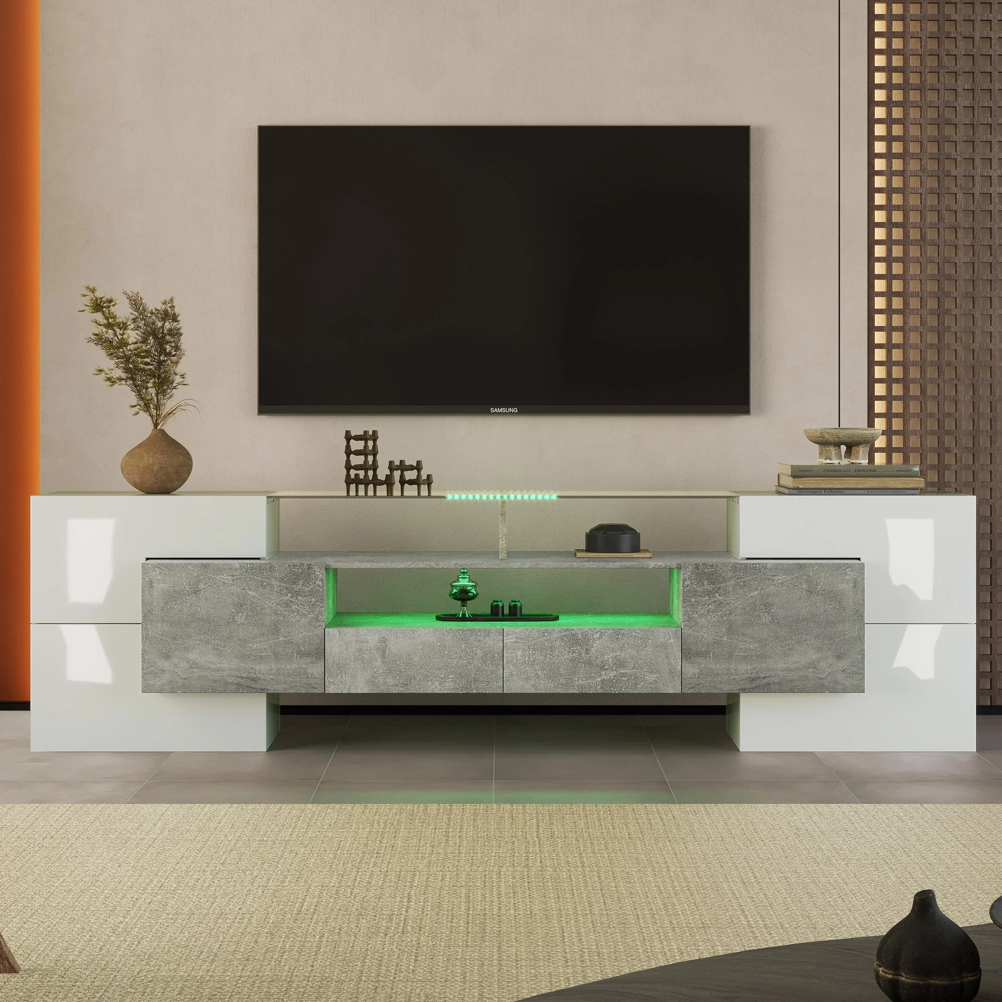 TV Cabinet, 200cm LED Lighting, High-Gloss White