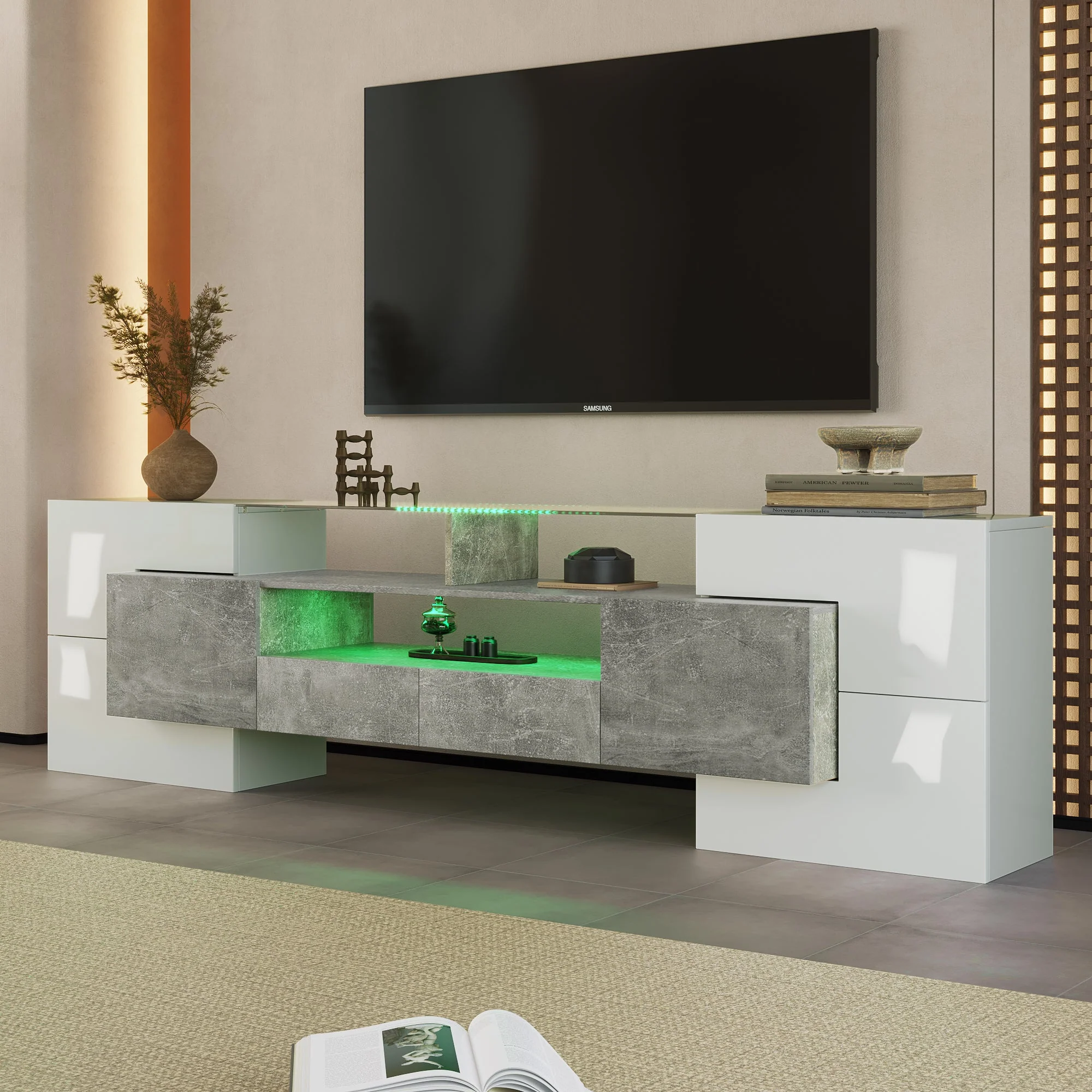 TV Cabinet, 200cm LED Lighting, High-Gloss White - Image 2