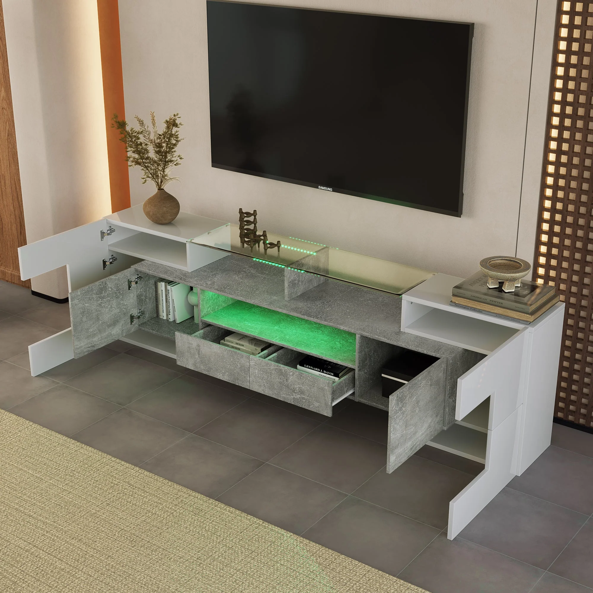 TV Cabinet, 200cm LED Lighting, High-Gloss White - Image 3