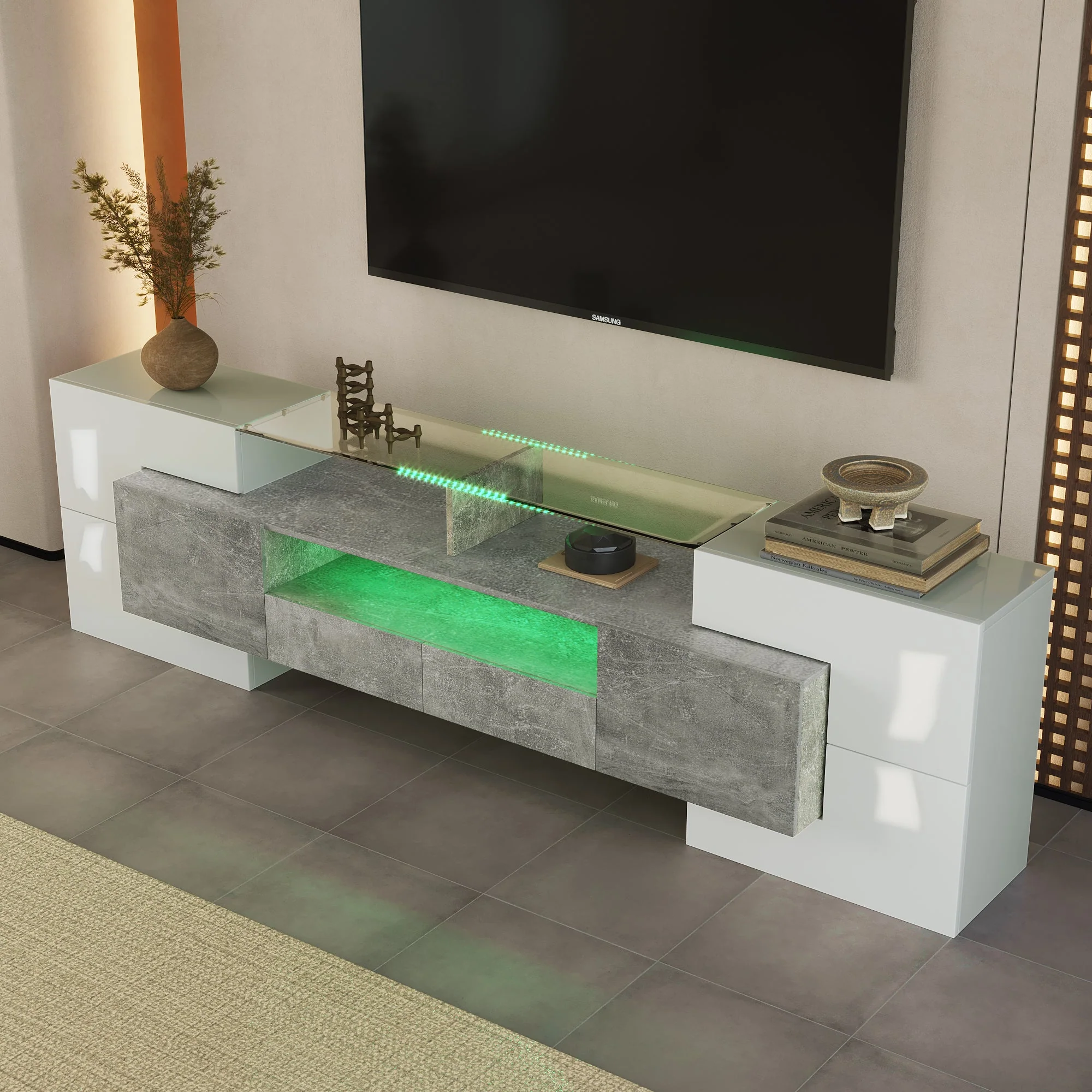TV Cabinet, 200cm LED Lighting, High-Gloss White - Image 4