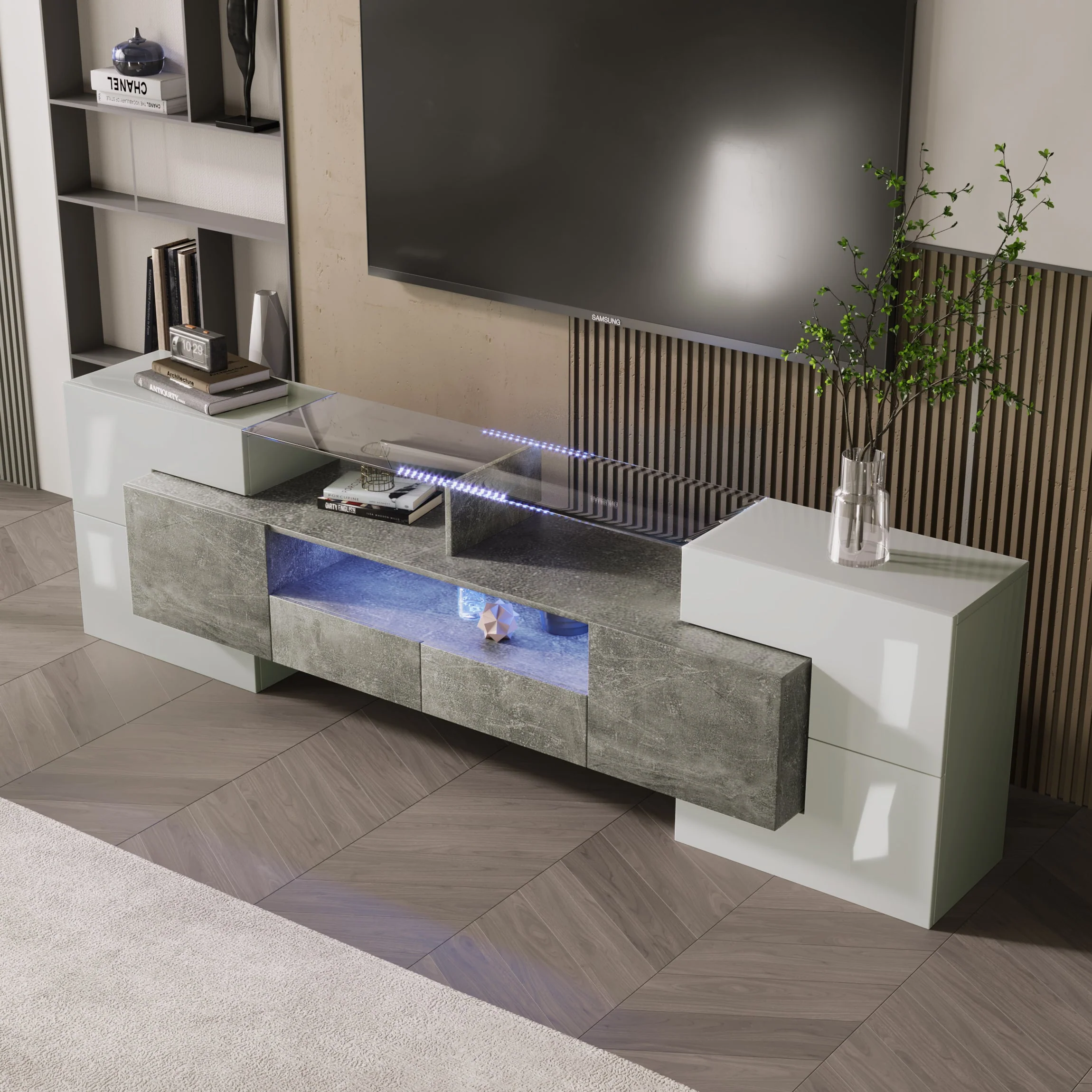 TV Cabinet, 200cm LED Lighting, High-Gloss White - Image 5