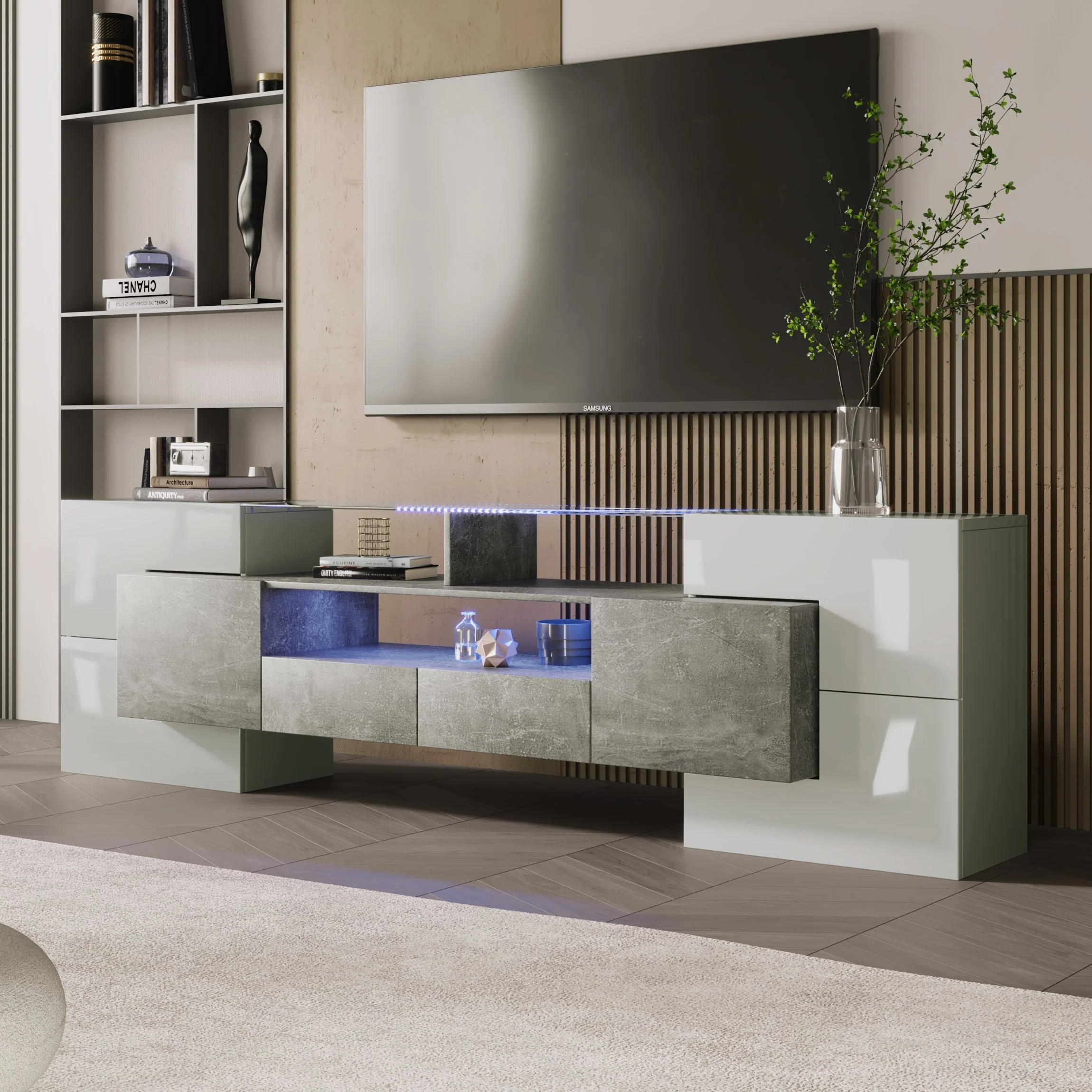 TV Cabinet, 200cm LED Lighting, High-Gloss White - Image 7