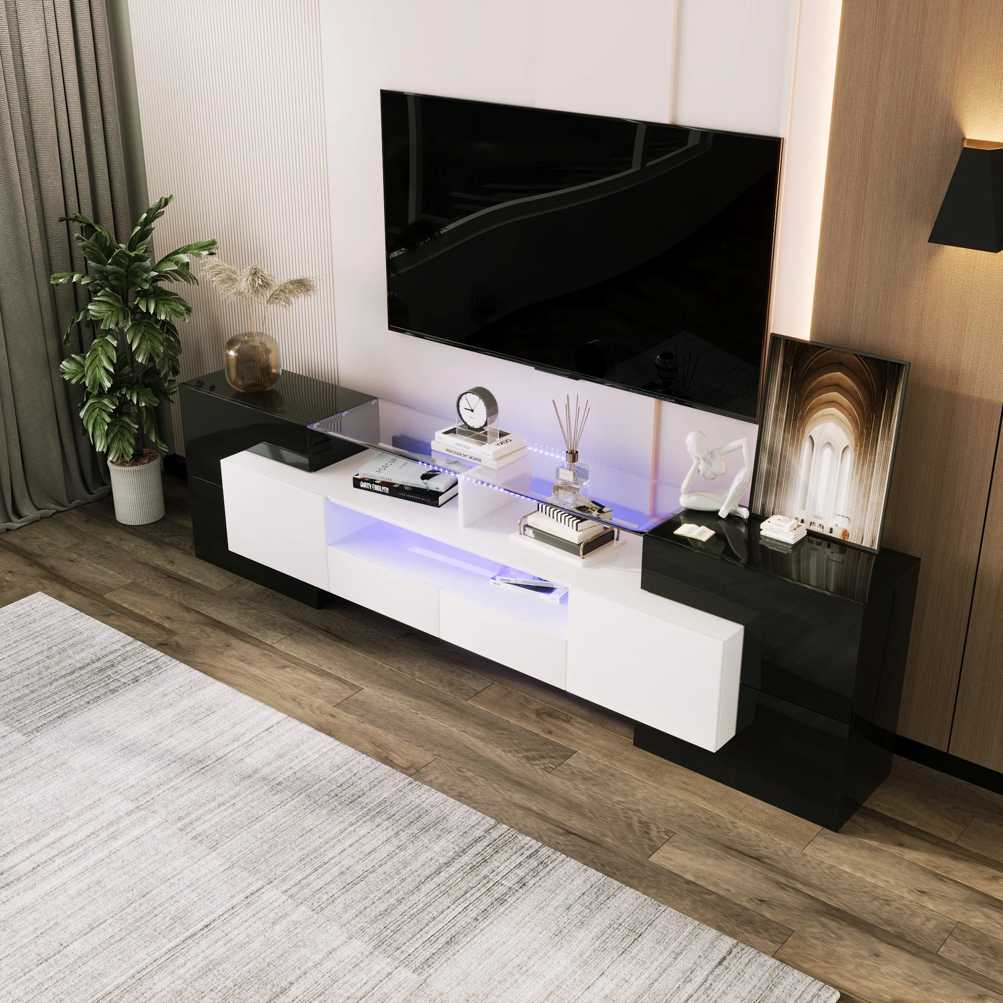 TV Cabinet, 200cm LED Low Panel, High-Gloss White & Black - Image 4
