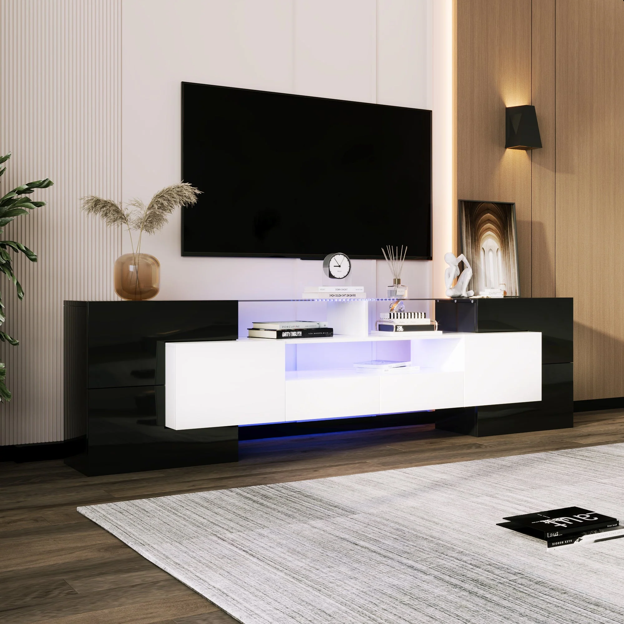 TV Cabinet, 200cm LED Low Panel, High-Gloss White & Black - Image 5
