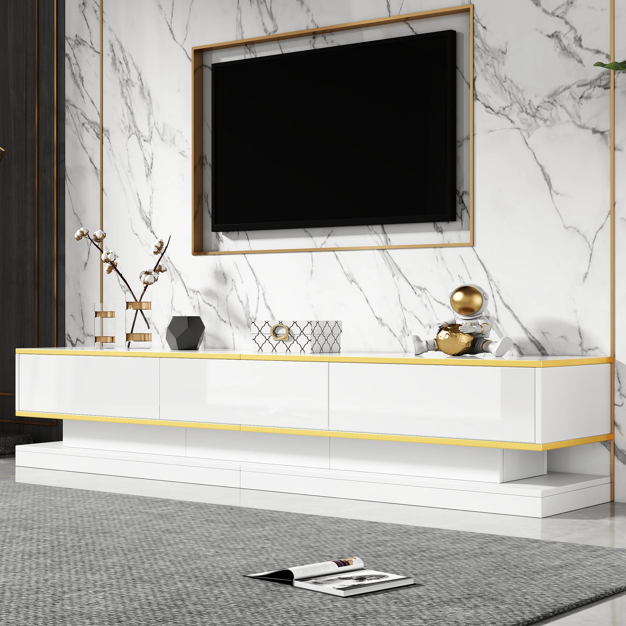 TV Cabinet, 200x40x40cm Lowboard with 3 Drawers, High-Gloss, Warm White with Gold Edge - Image 2