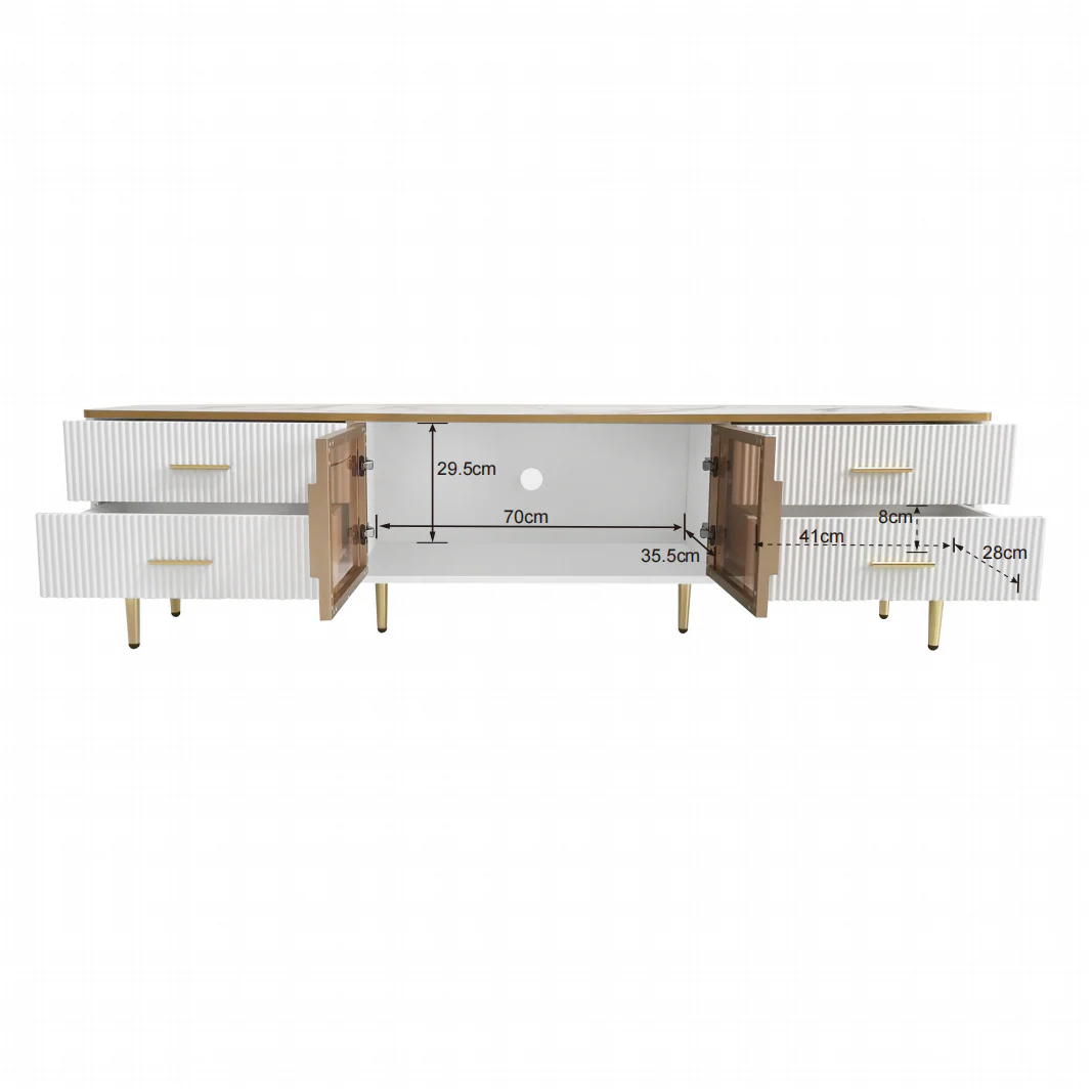 TV Cabinet, 4-Drawer, 2-Door Lowboard, Marble Look with Brown Tempered Glass - Image 9