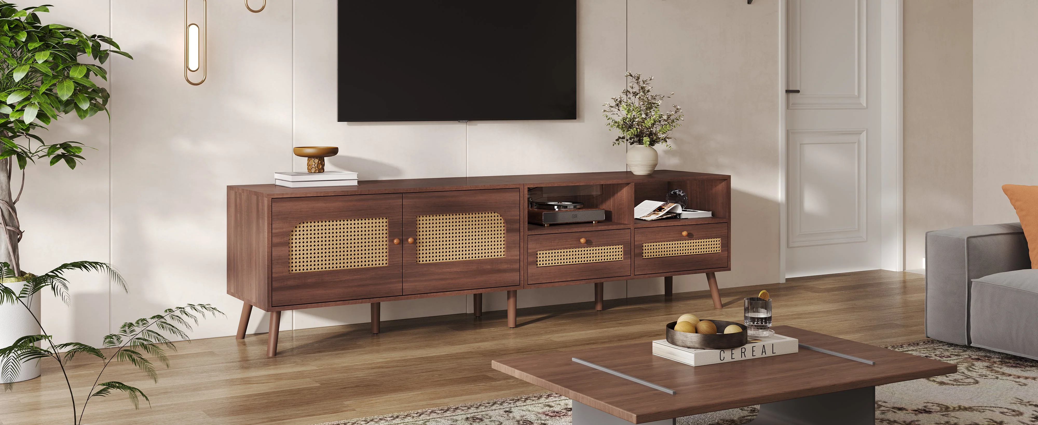 TV Cabinet, 80-inch with Rattan Doors & Drawers, Brown - Image 10