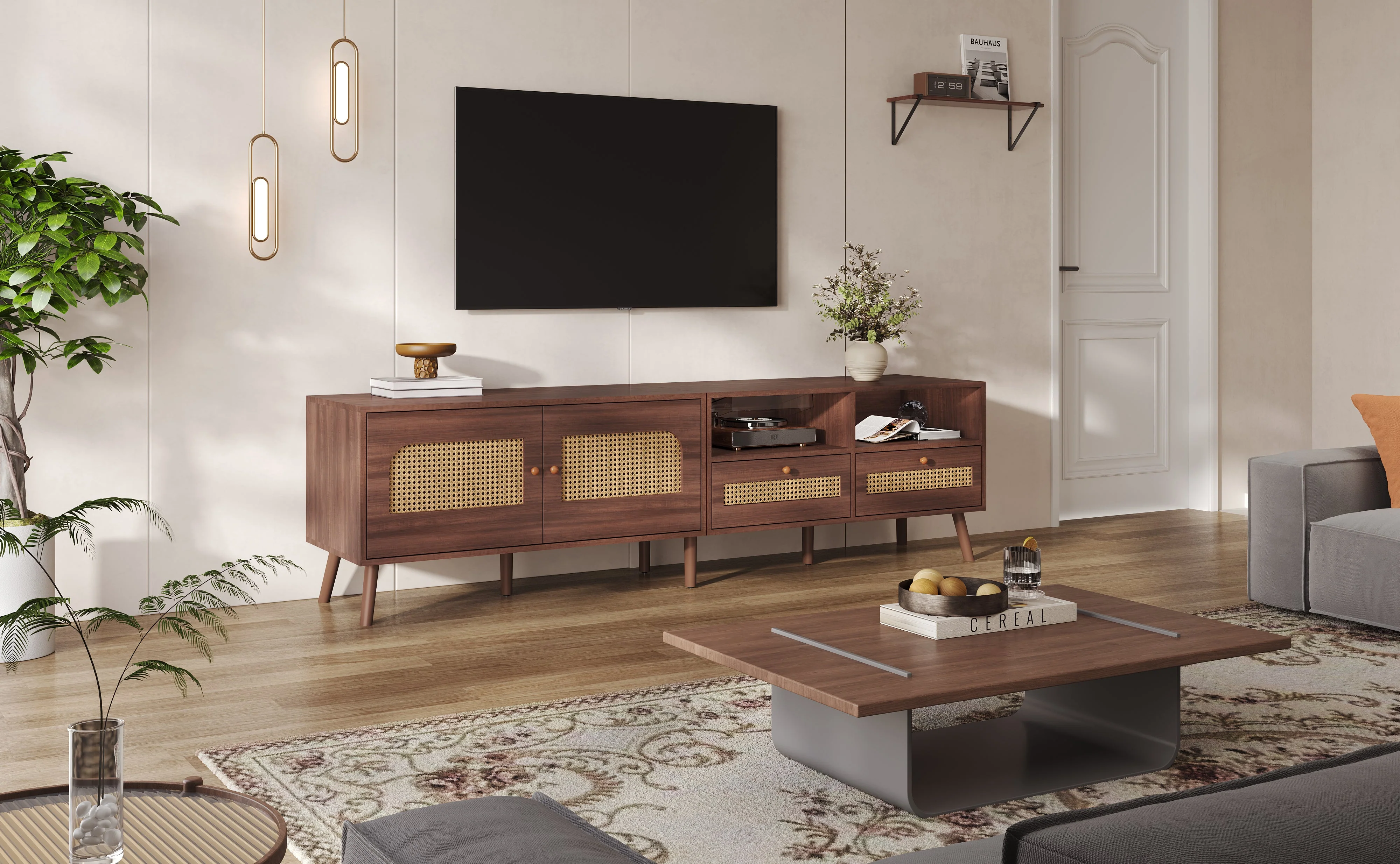 TV Cabinet, 80-inch with Rattan Doors & Drawers, Brown - Image 9