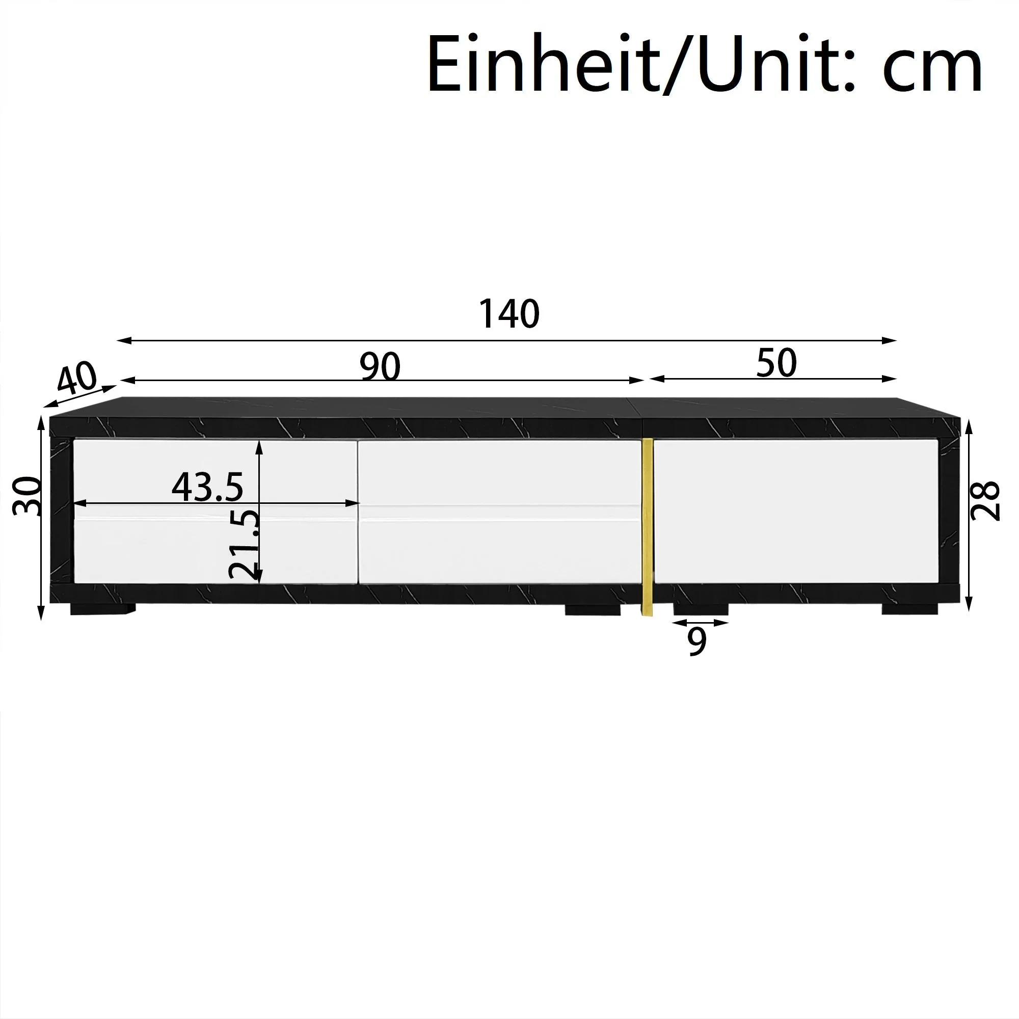 TV Cabinet, Adjustable Length (140-260 cm) Swivel, Black Marble, White High-Gloss Matte, Gold Trim - Image 6