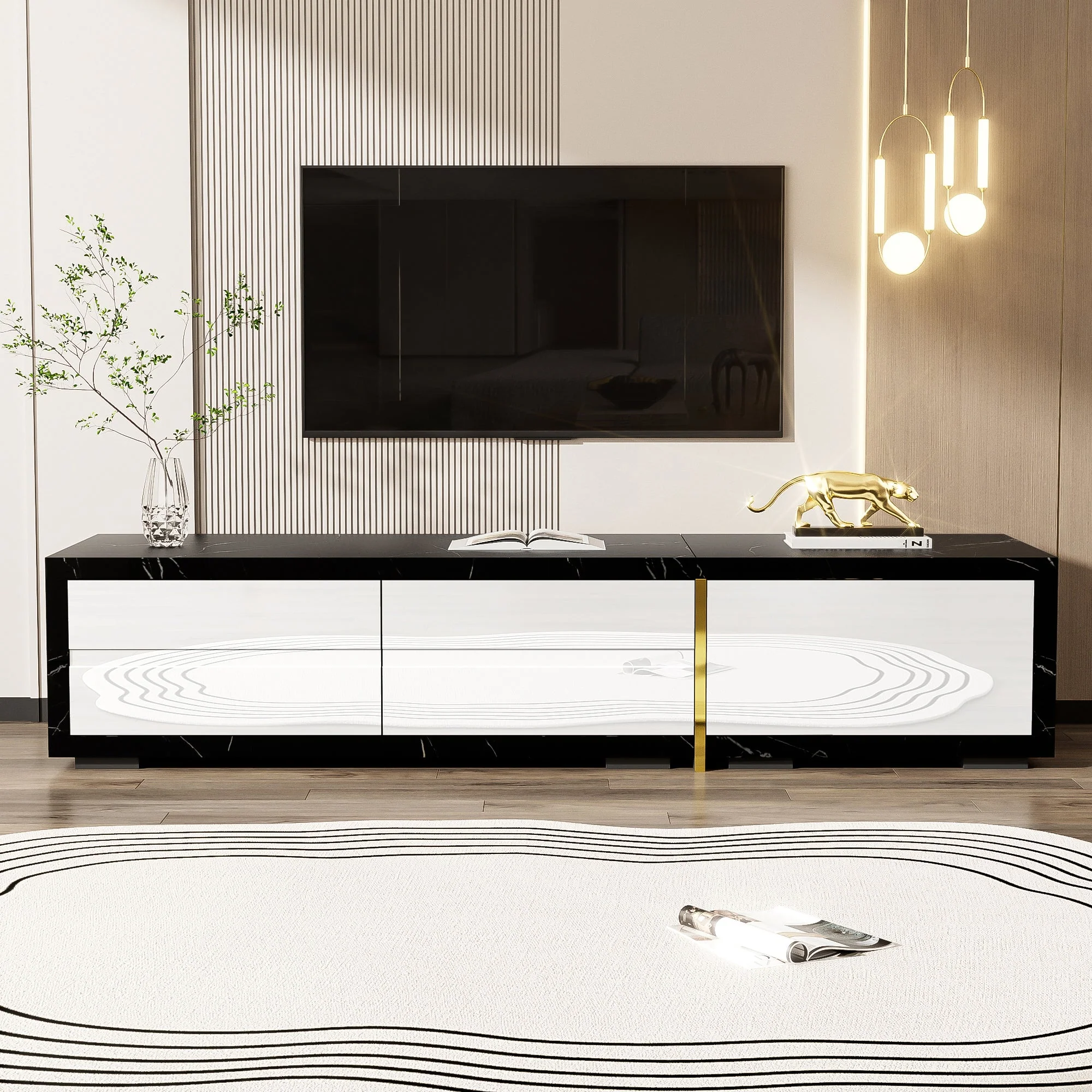 TV Cabinet, Adjustable Length (140-260 cm) Swivel, Black Marble, White High-Gloss Matte, Gold Trim - Image 9
