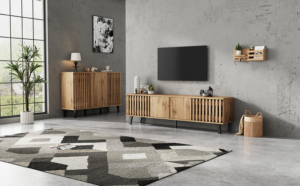 TV Cabinet and Sideboard Set, 180cm & 150cm, 8 Compartments 6 Shelves, Natural Wood - Image 2