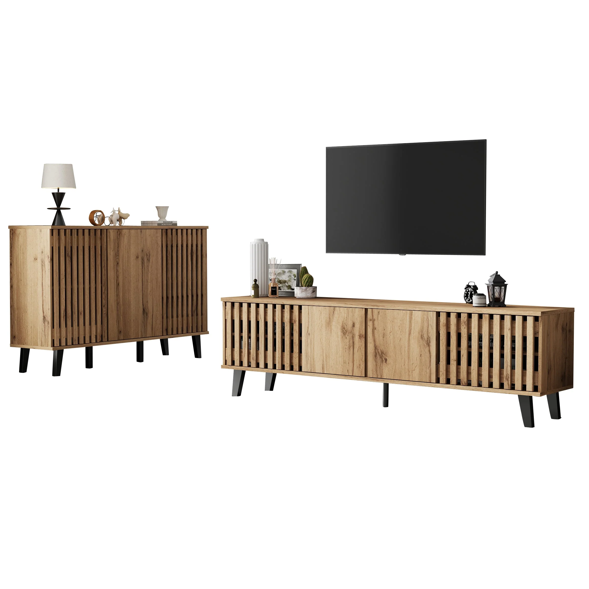 TV Cabinet and Sideboard Set, 180cm & 150cm, 8 Compartments 6 Shelves, Natural Wood - Image 8