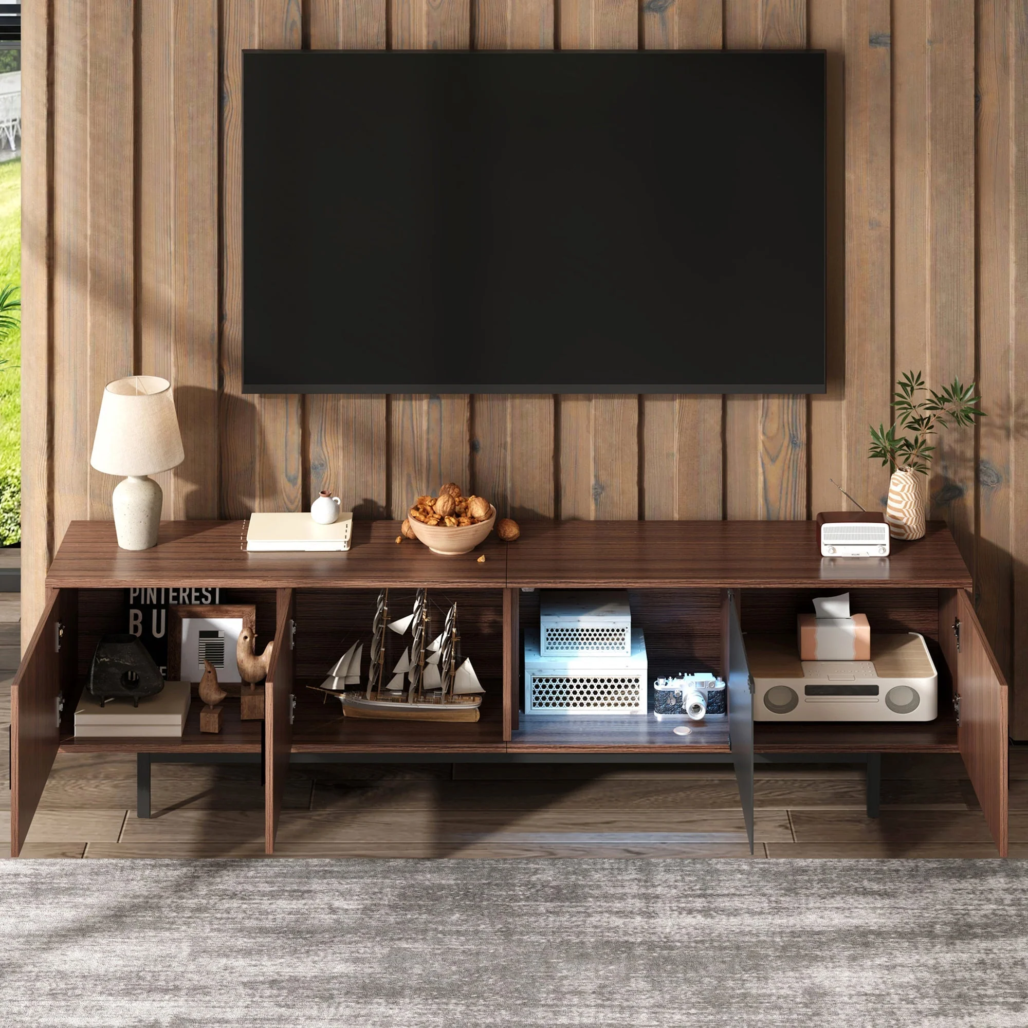 TV Cabinet, Carved Texture LED Lowboard with Tempered Glass, Black and Wood - Image 3