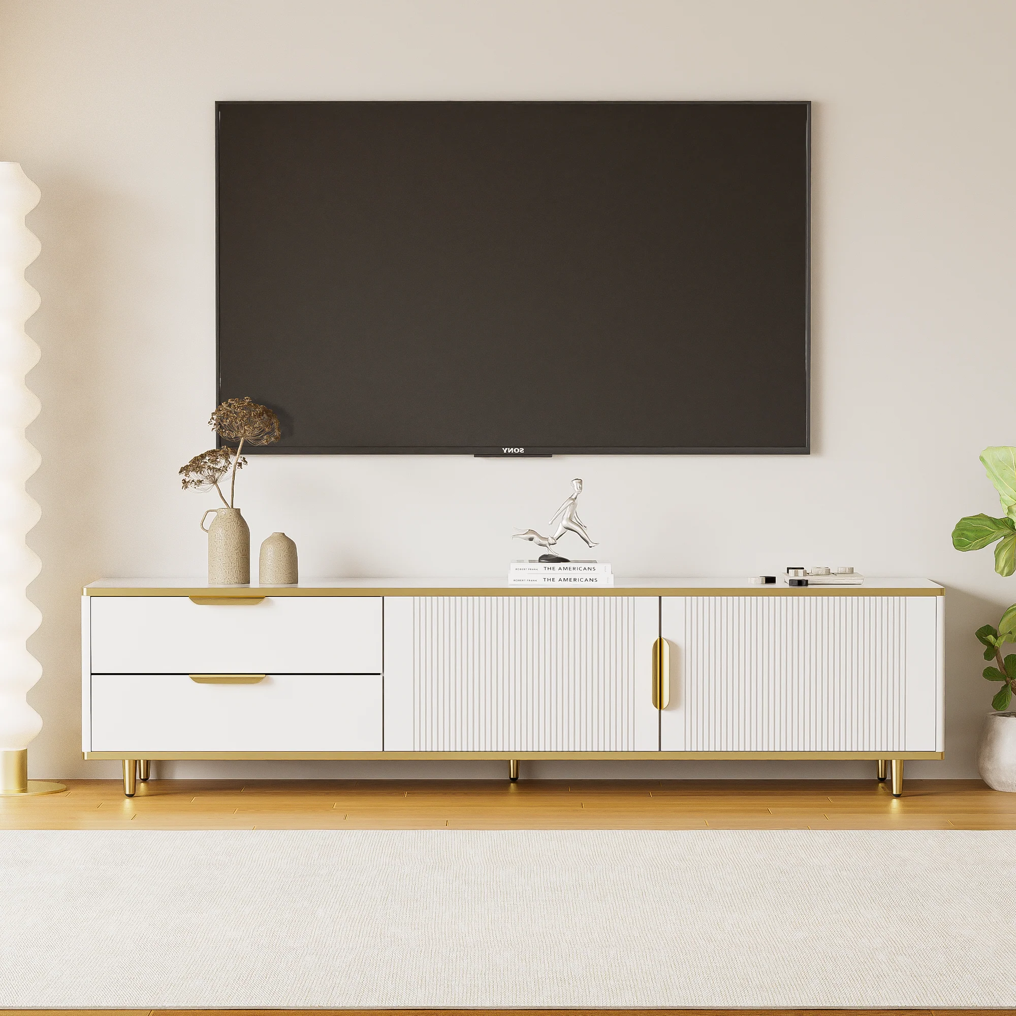 TV Cabinet, Carved Texture with Golden Handles & Feet, Marble