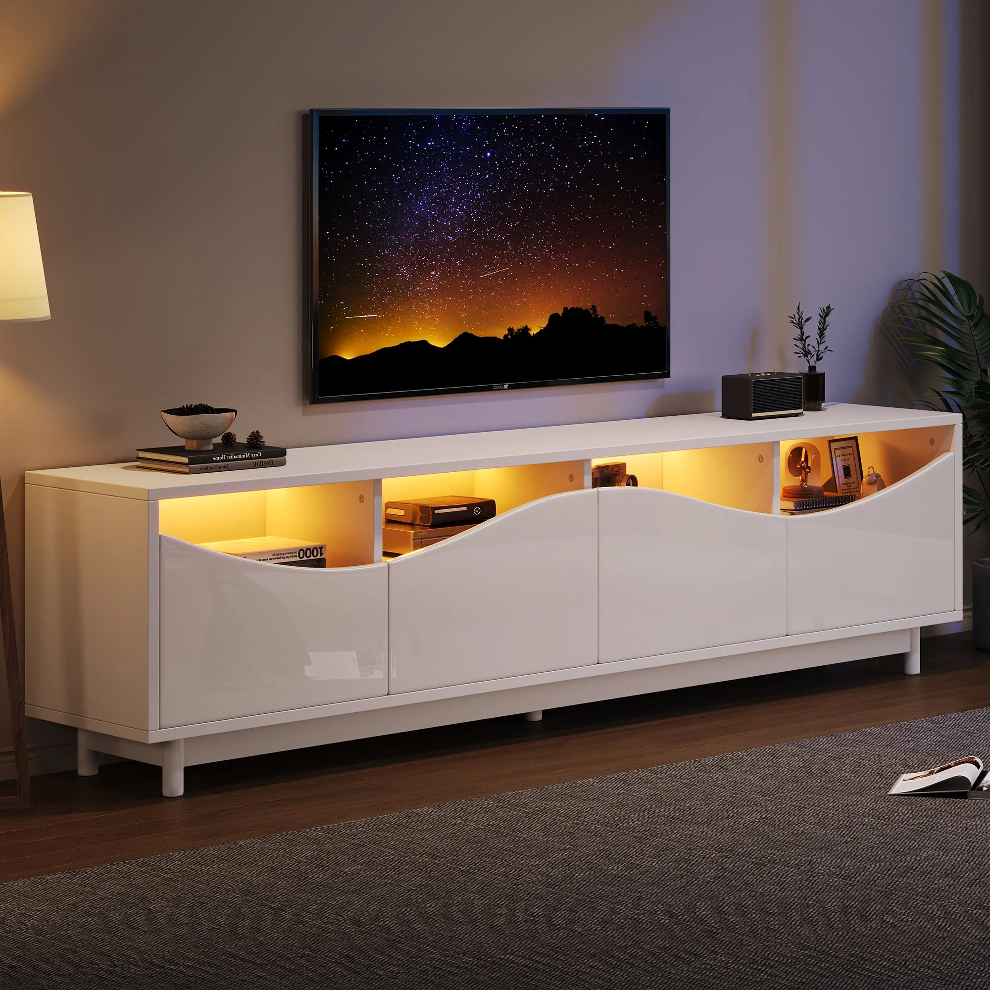 TV Cabinet, Curved High-Gloss with Tempered Glass Door & LED Lighting, White - Image 3