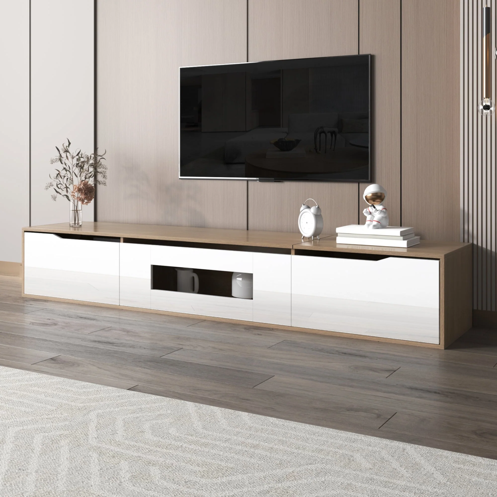 TV Cabinet, High Gloss with Color Changing LED Light, White and Wood Color - Image 6