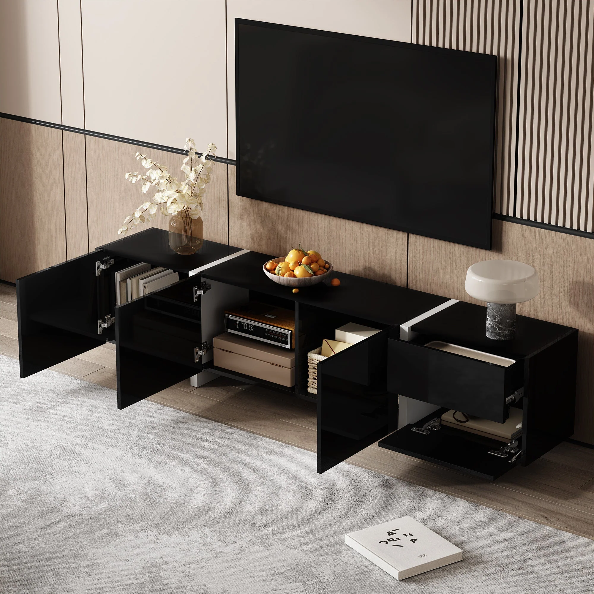 TV Cabinet, High-Gloss with Doors & Drawers, Black & White - Image 6