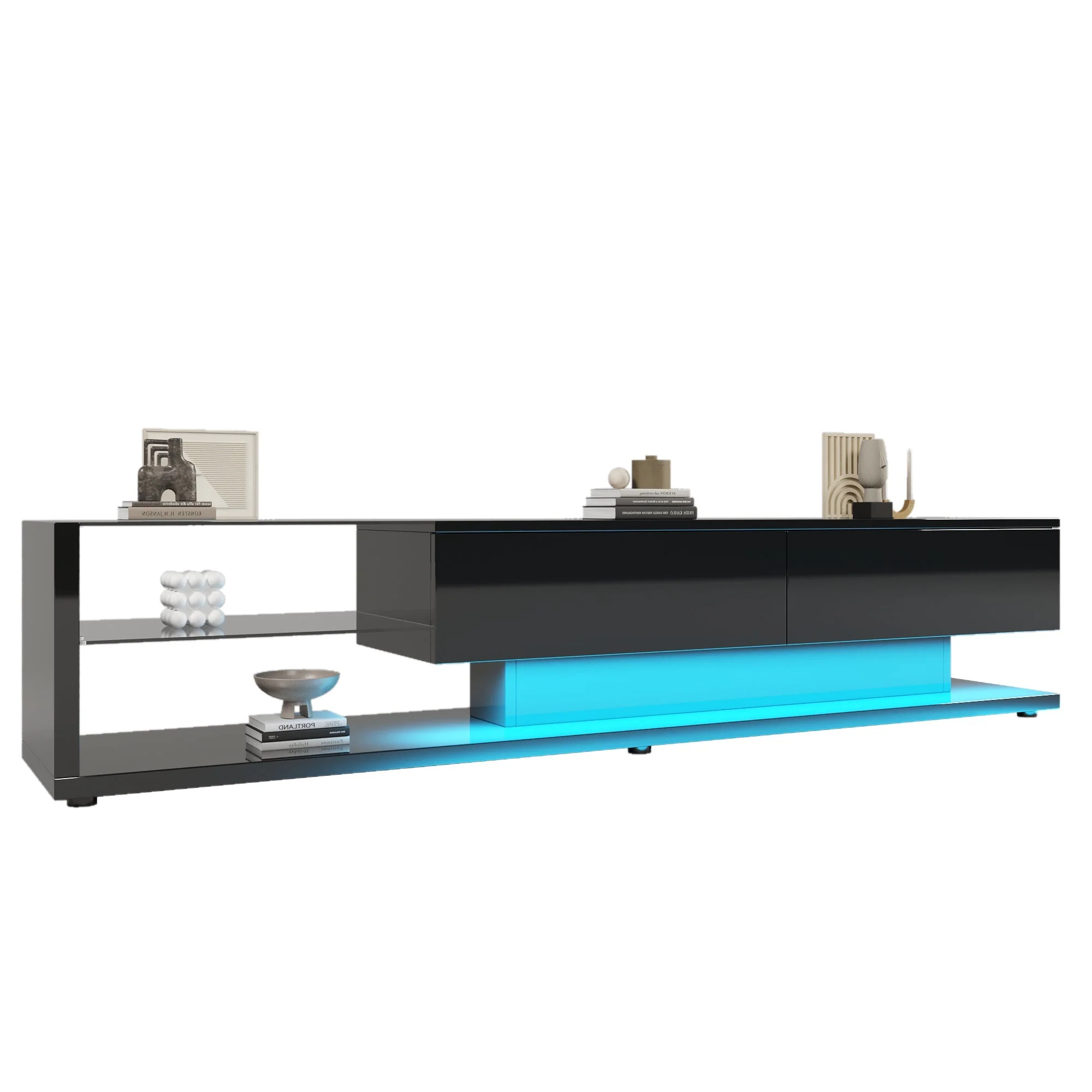 TV Cabinet, High-Gloss with Glass Partitions & LED Lighting, Rustic/Modern Design - Image 7