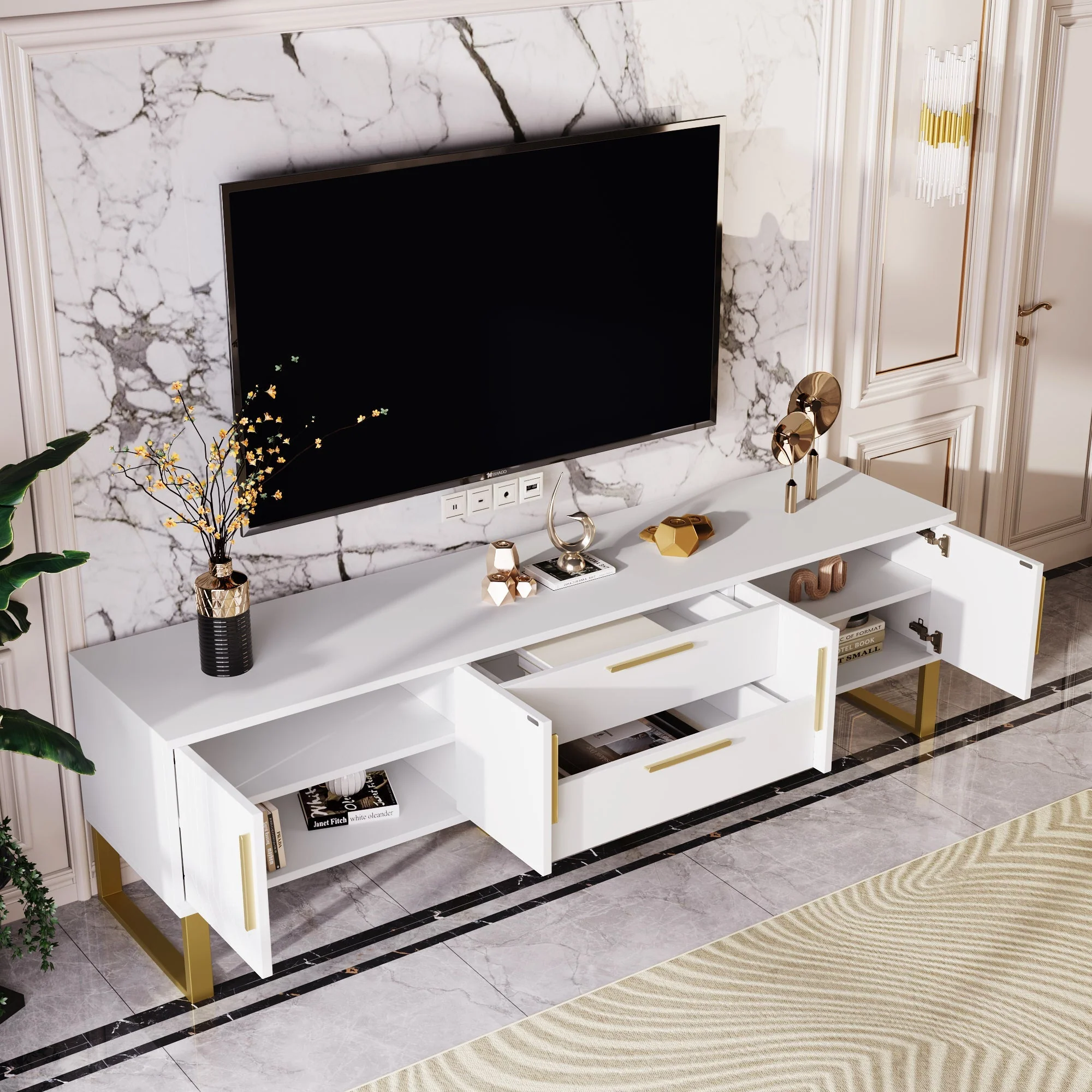 TV Cabinet, High-Gloss with Golden Handles & Engraved Door, Living Room Storage Solution - Image 6