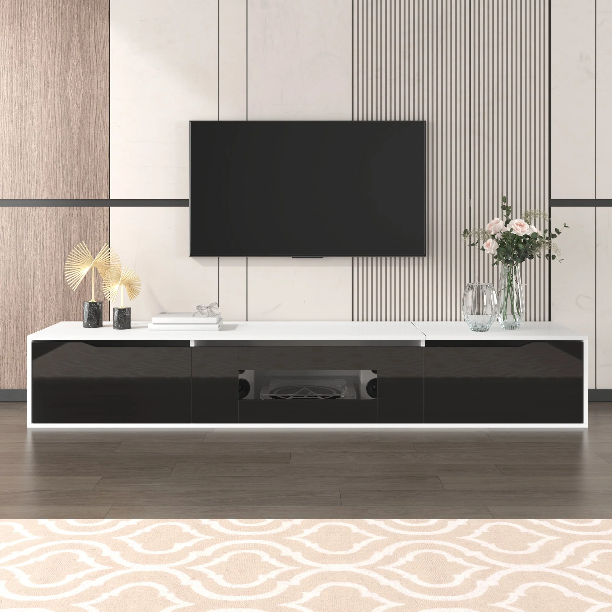 TV Cabinet, high-gloss with LED lighting, black and white - Image 10