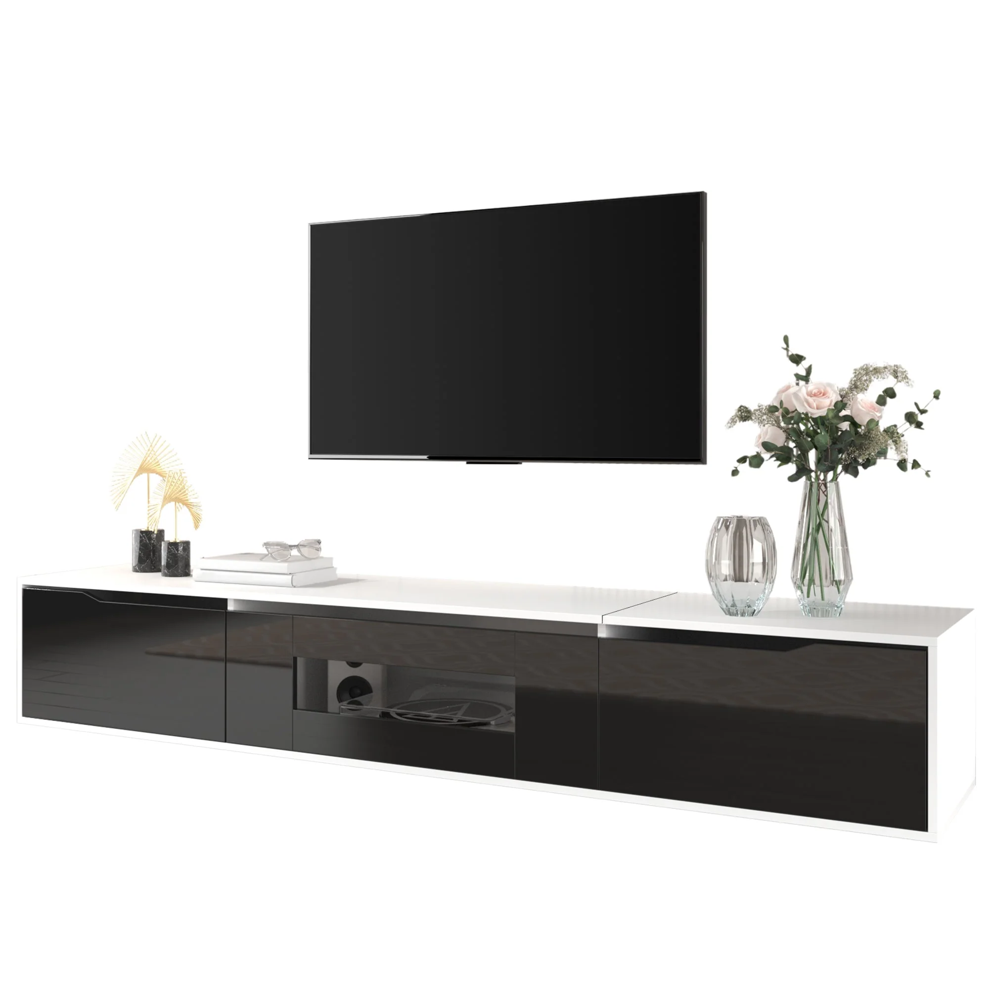 TV Cabinet, high-gloss with LED lighting, black and white - Image 11