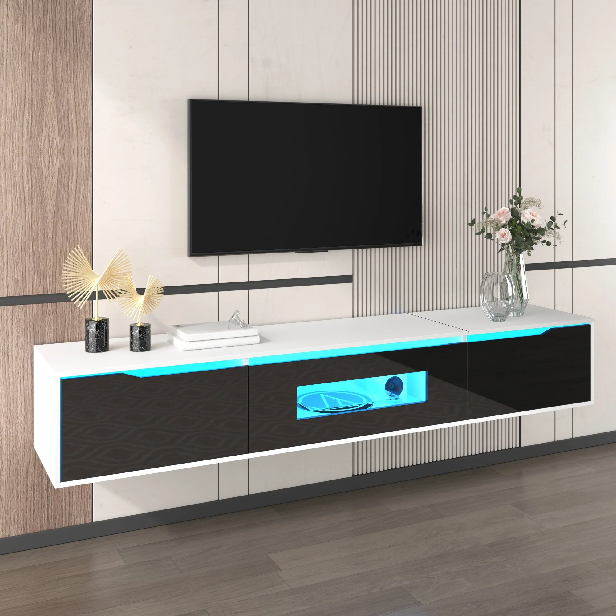 TV Cabinet, high-gloss with LED lighting, black and white - Image 12