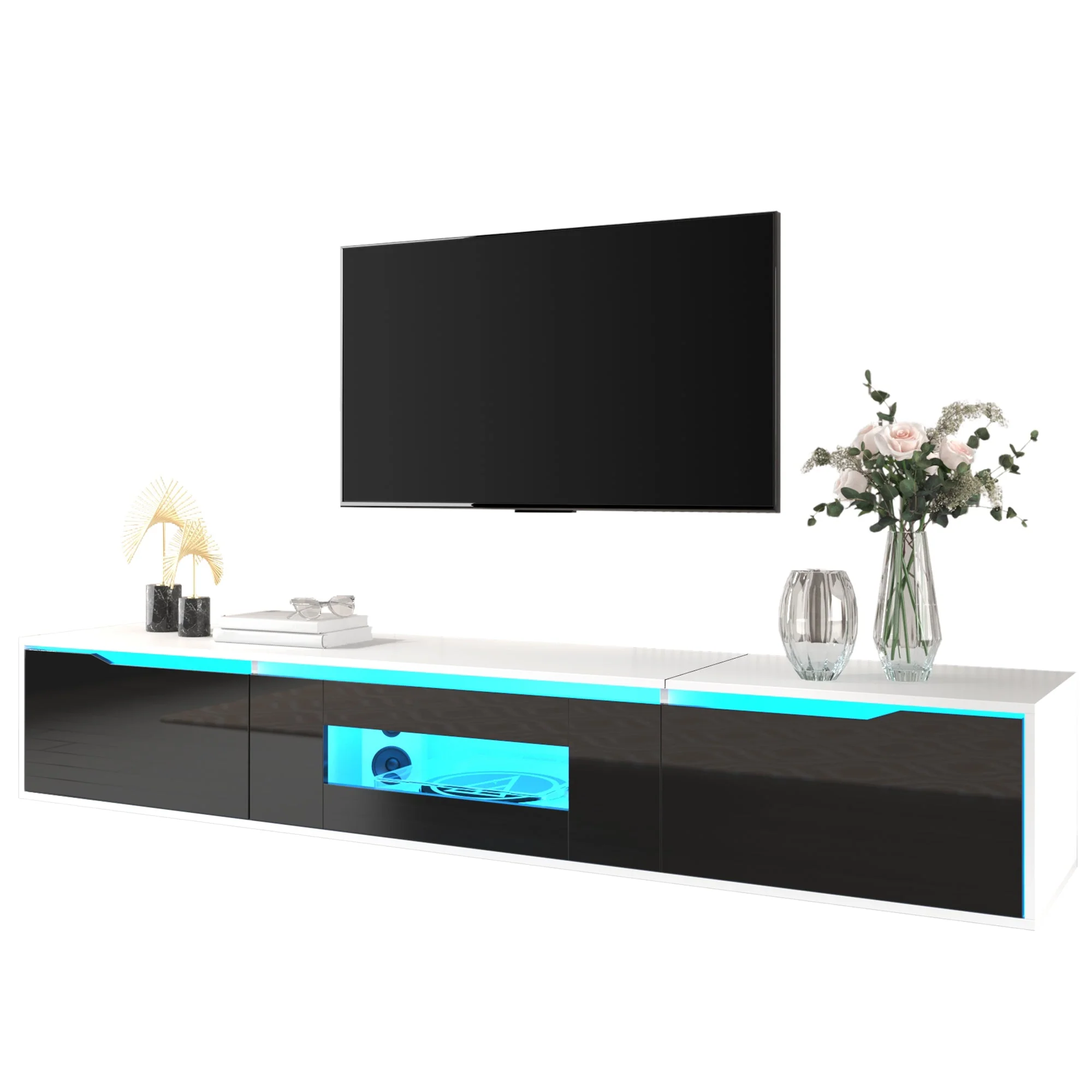 TV Cabinet, high-gloss with LED lighting, black and white - Image 2