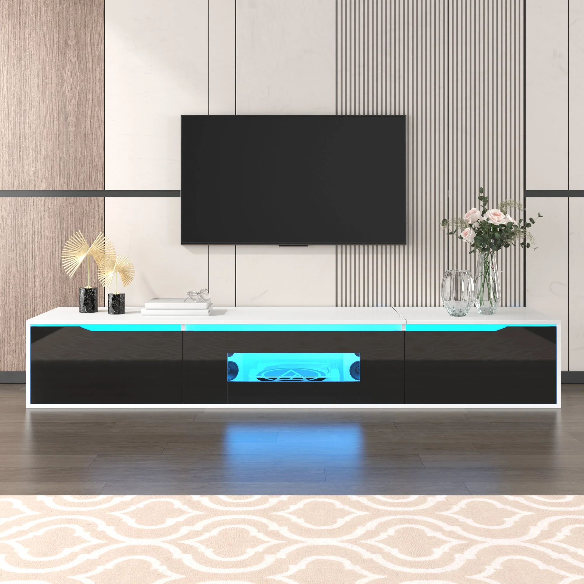 TV Cabinet, high-gloss with LED lighting, black and white - Image 3