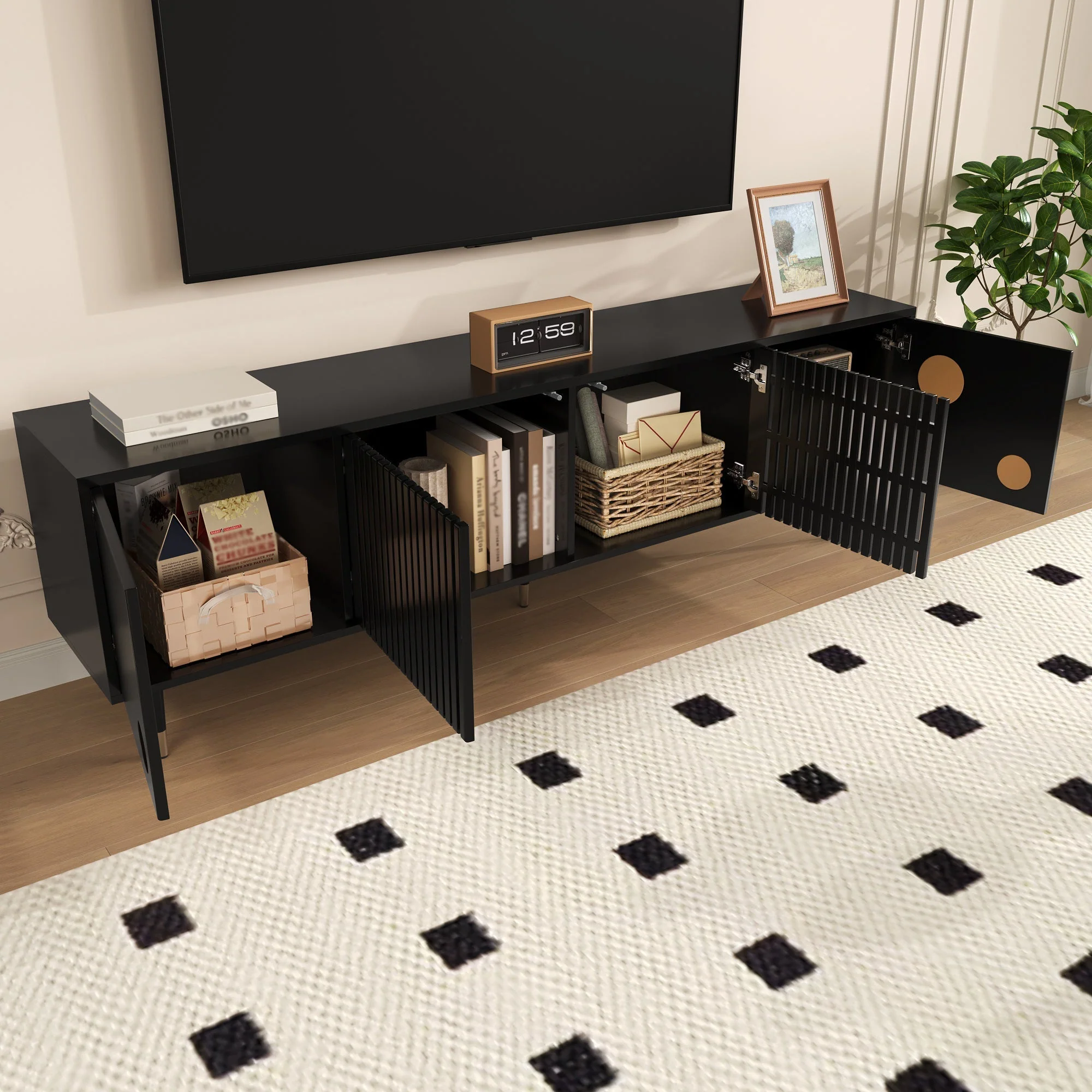 TV Cabinet, Lattice, Hidden Handles, Gold Decor, Solid Wood - Image 3