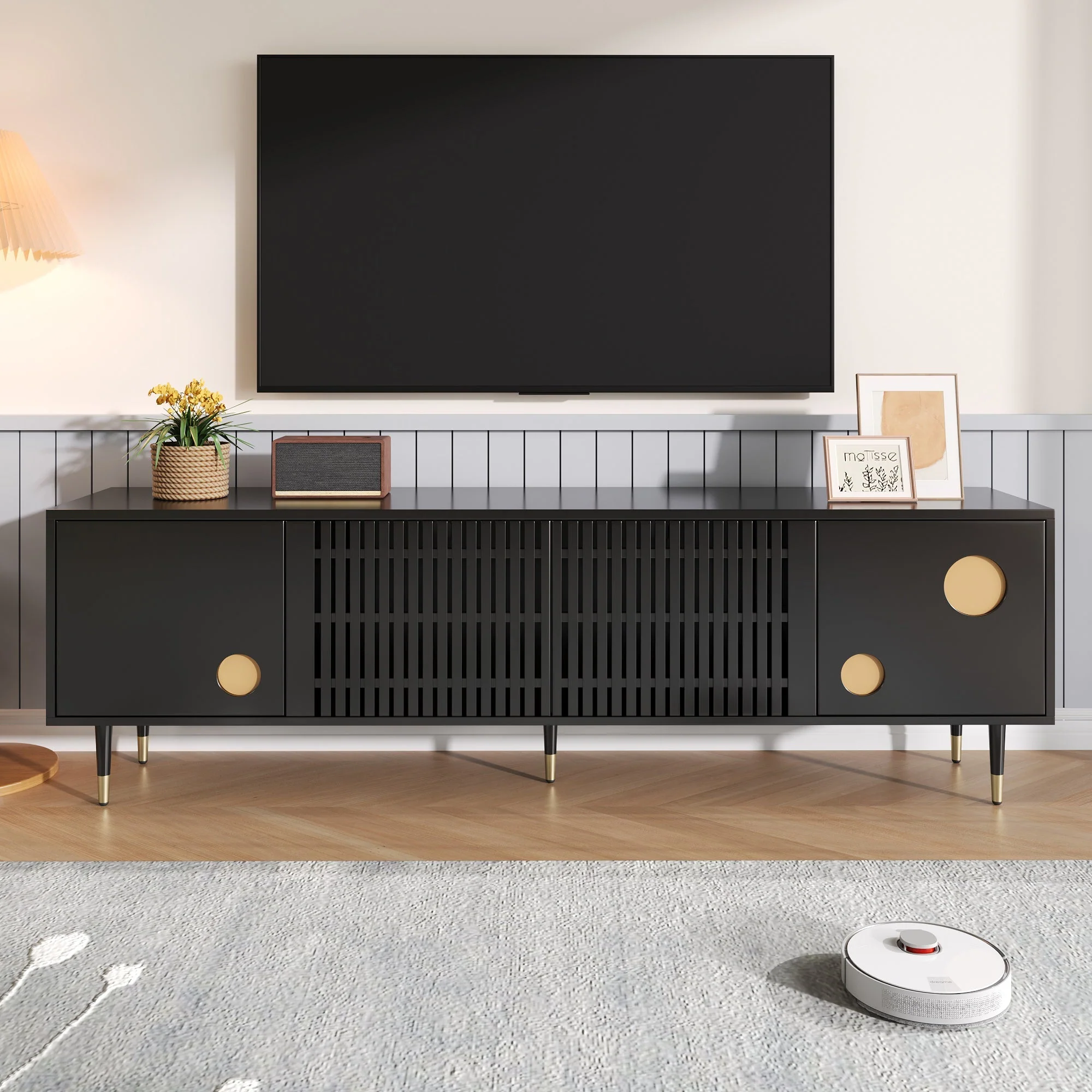 TV Cabinet, Lattice, Hidden Handles, Gold Decor, Solid Wood - Image 4