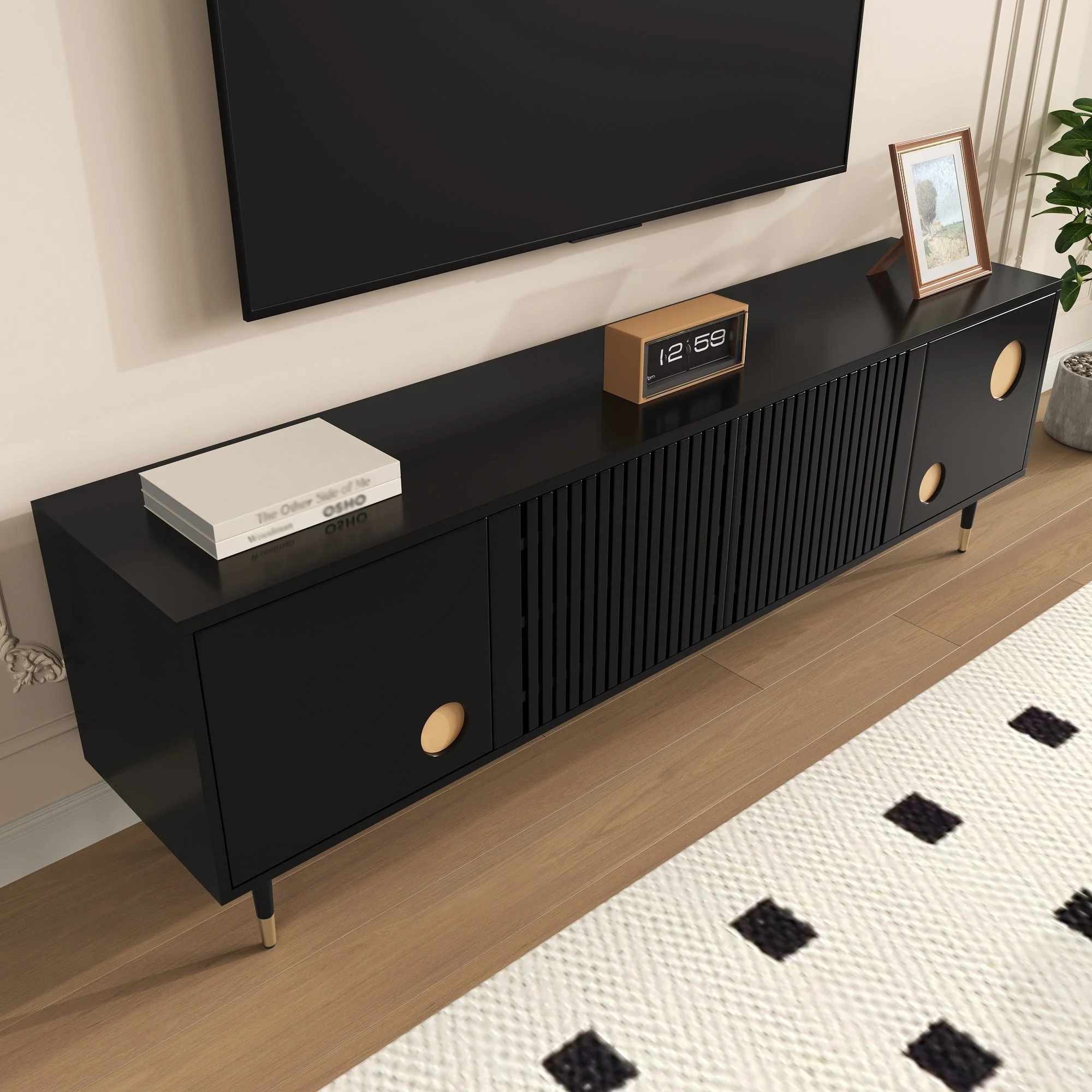 TV Cabinet, Lattice, Hidden Handles, Gold Decor, Solid Wood - Image 9