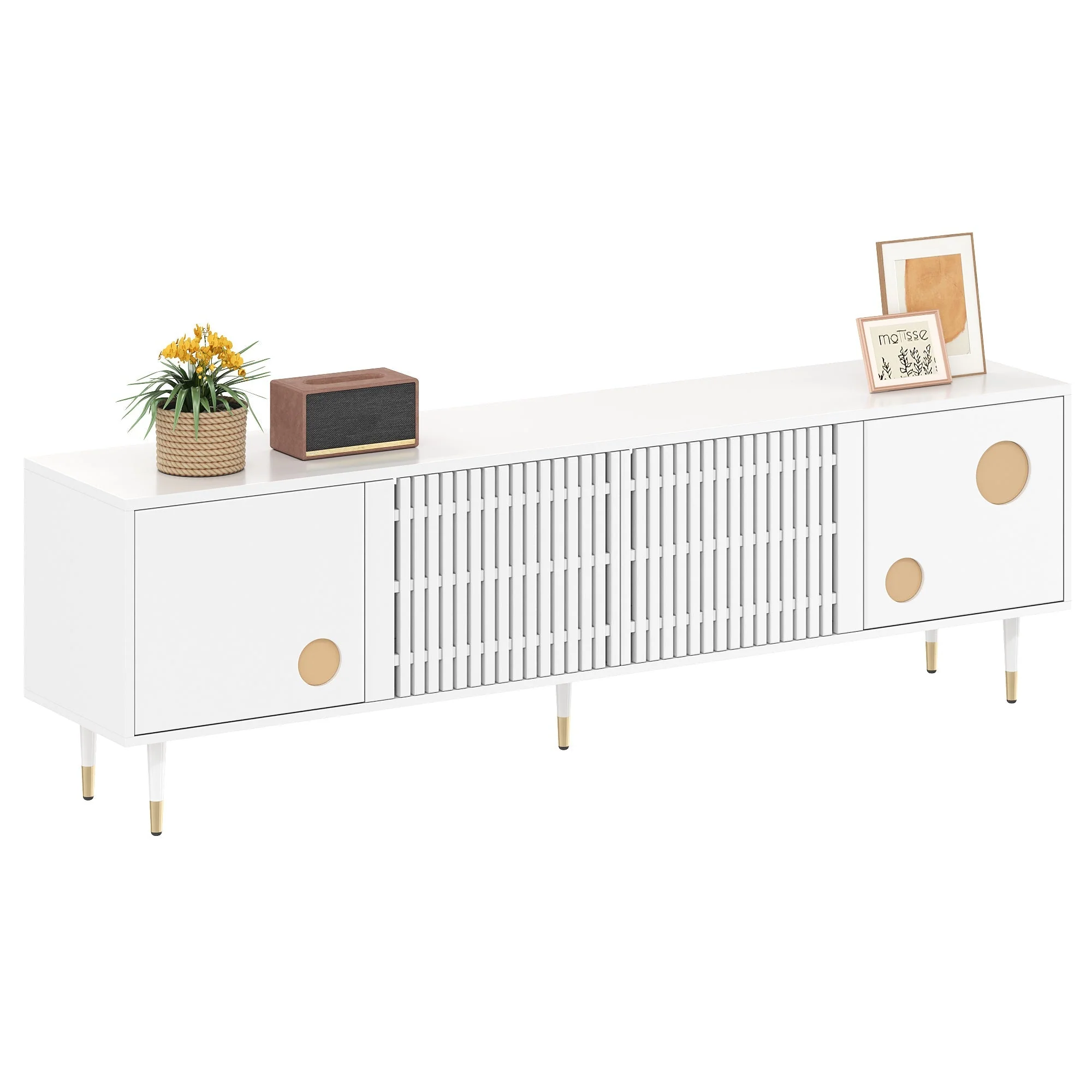 TV Cabinet, Lattice & Hidden Handles, Solid Wood Doors, Gold Decor - Image 2