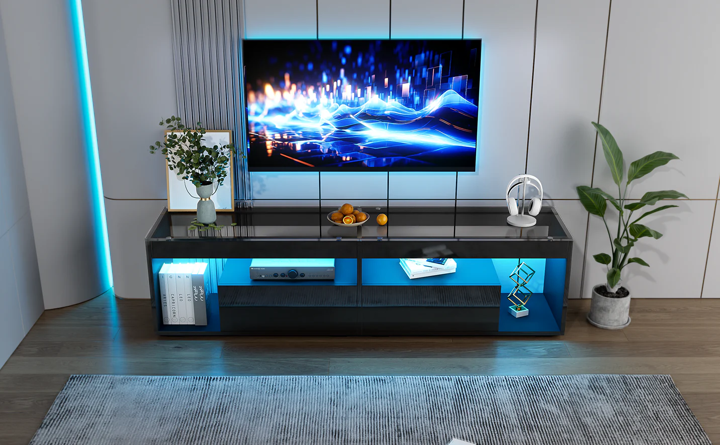 TV Cabinet, LED High-Gloss 70-inch with 2 Drawers, Black - Image 10