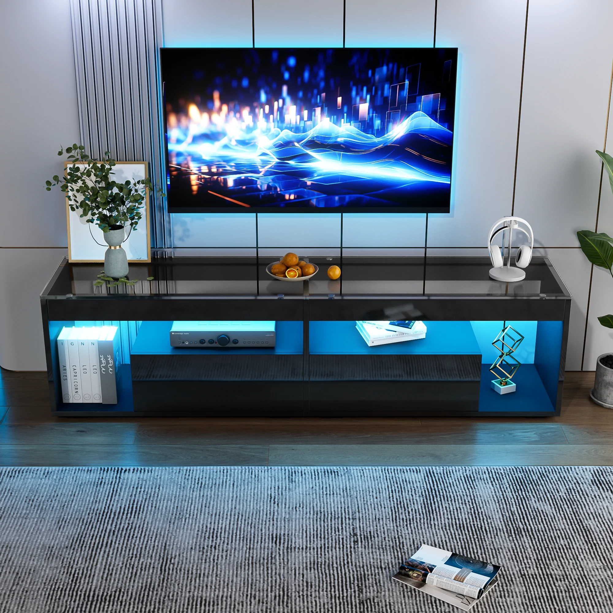 TV Cabinet, LED High-Gloss 70-inch with 2 Drawers, Black - Image 2